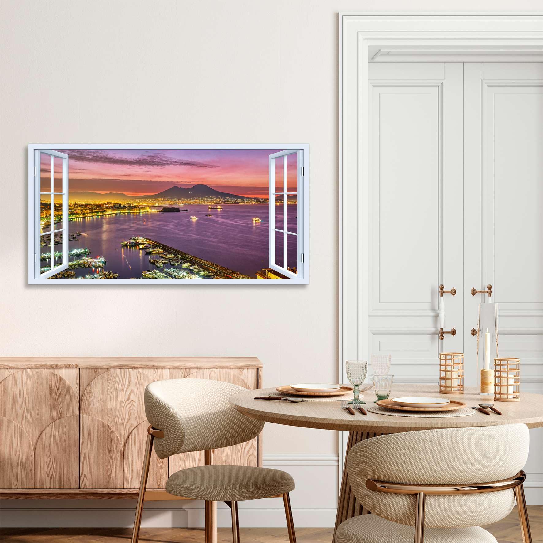 Quadro finestra Panorama golfo di Napoli Vesuvio al tramonto - Stampa su tela con telaio in legno - 120x60 cm