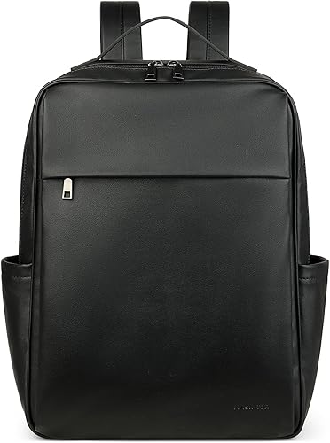Miniatura 8 de MASINTOR Mochila para portátil de piel sintética de 15.6 pulgadas para mujer, mochila casual universitaria grande, bolsa de viaje, color negro