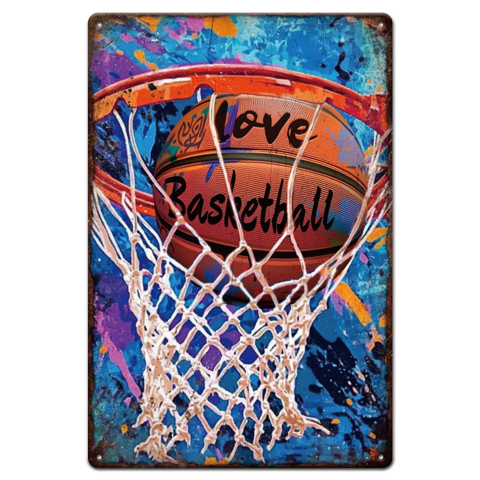 GLOBLELAND Doodle Basketball Metal Tin Sign Basketball Vintage Painting Tin Signs 12x8inch Retro Wall Art Plaque Poster for Home Office Living Room