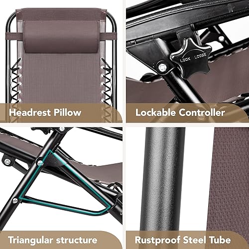 Vista 56 de Devoko Juego de 2 sillas reclinables ajustables plegables para patio con gravedad cero para el jardín con almohada Doble gris.