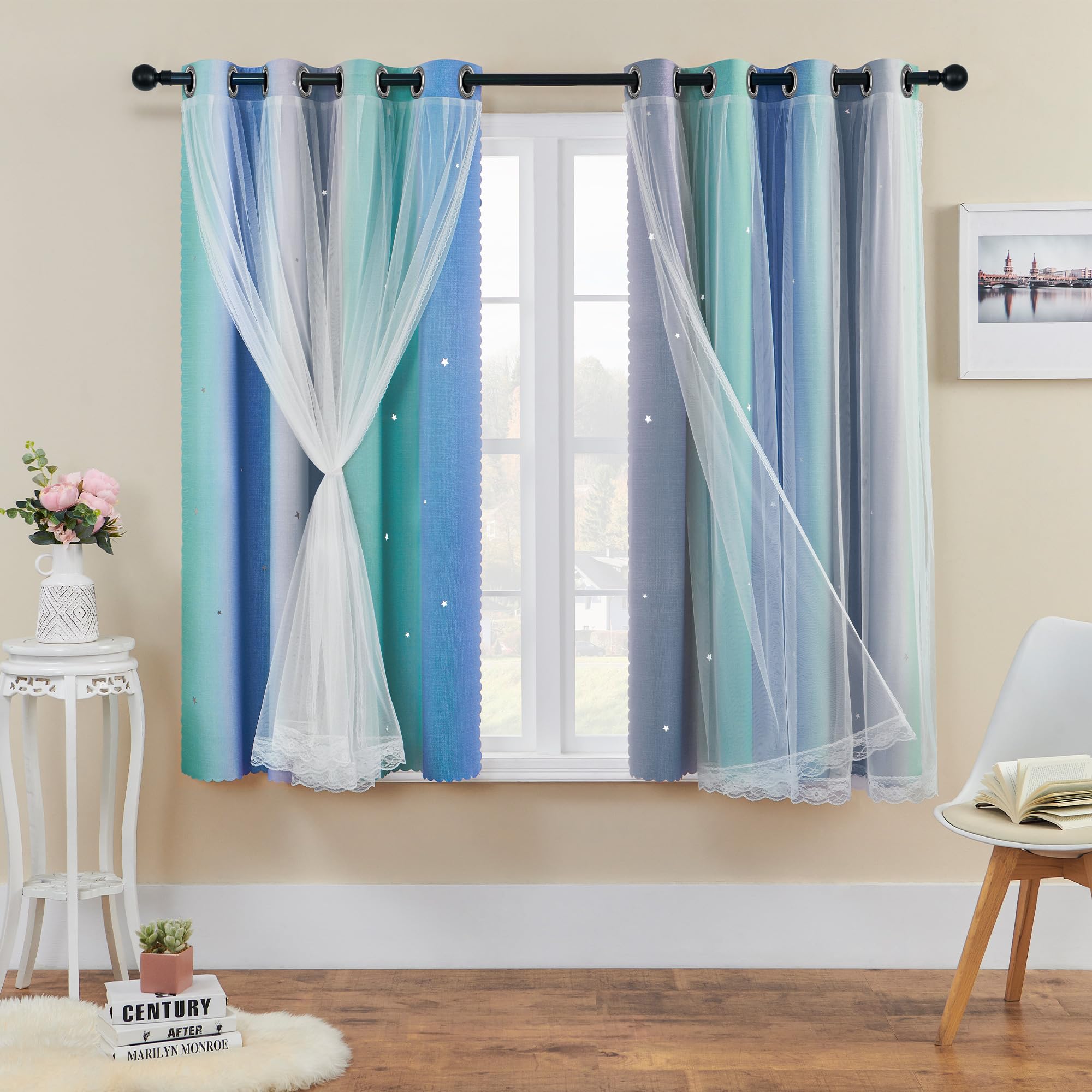 XiDi Regenbogen Vorhänge für Schlafzimmer H160xB132 cm Dekoration ausgehöhlte Sterne Thermoisolierte Netzvorhänge mit Ringen für Kinder Mädchen Fensterbehandlung Schlafzimmer