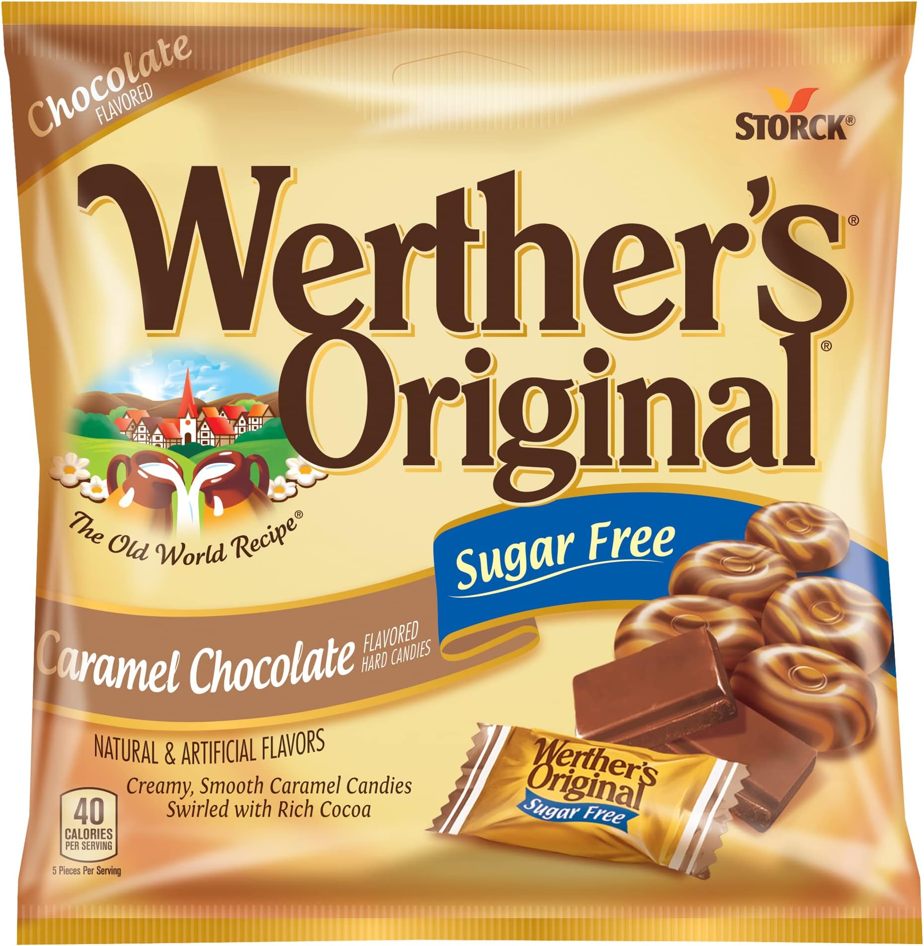 Werther's Original Hard Sugar Free Caramel Chocolate Candy, 2.35 Oz Bags (Pack of 12)