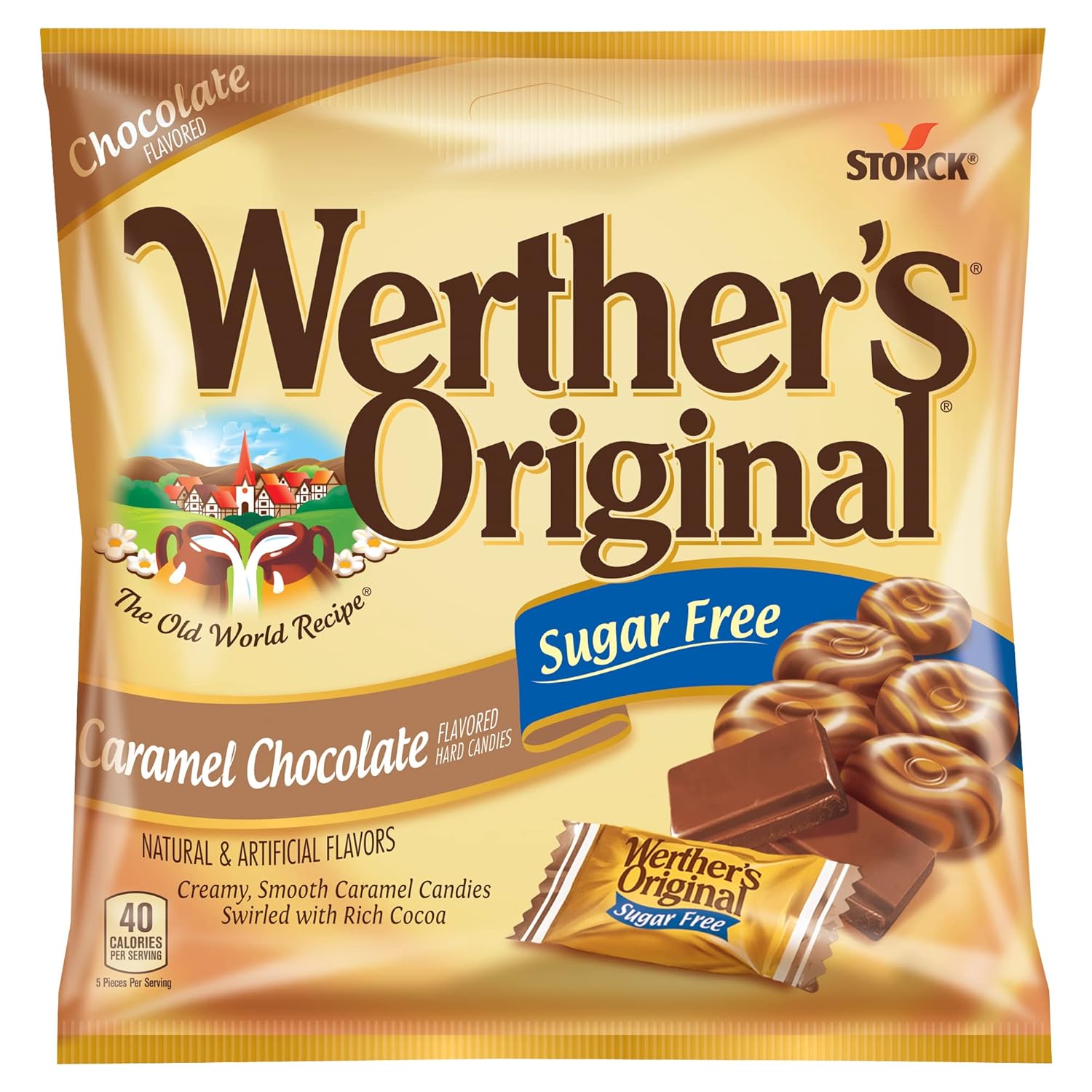Werther's Original Hard Sugar Free Caramel Chocolate Candy, 2.35 Oz Bags (Pack of 12)