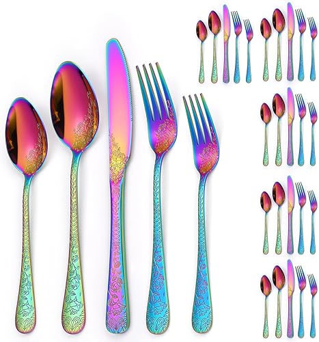 Miniatura 8 de A  HOUSEWARE Juego de cubiertos en relieve arco iris de 30 piezas de acero inoxidable para 6, cubiertos con diseño floral, utensilios de cocina para