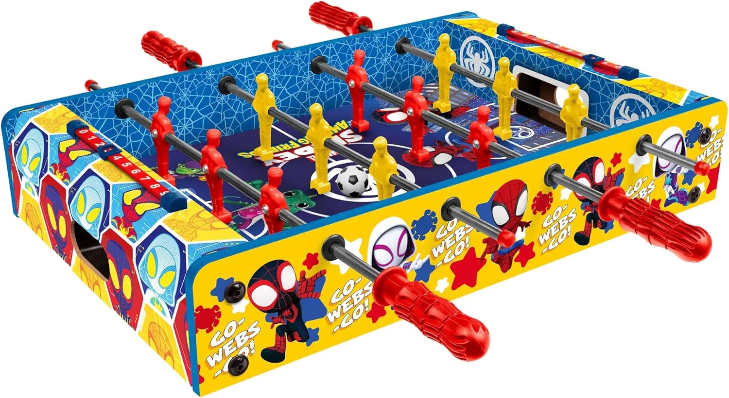 World Tech Toys Marvel Spidey & Friends Foosball Table for Kids – Tabletop Soccer Game with Rod Handles, Ball & Players – Wooden Mini Game Table for Kids 4+ – Marvel Licensed