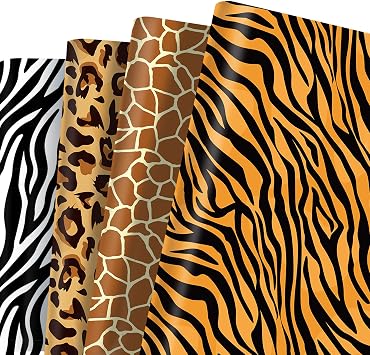 12 Sheets Animal Prints Wrapping Paper Set 4 Safari Leopard Zebra Tiger Giraffe Design Gift Wrap Jungle Animal Fur Paw Skin Print Decorative Art Paper for Birthday Baby Shower DIY Crafts, 20 x 27