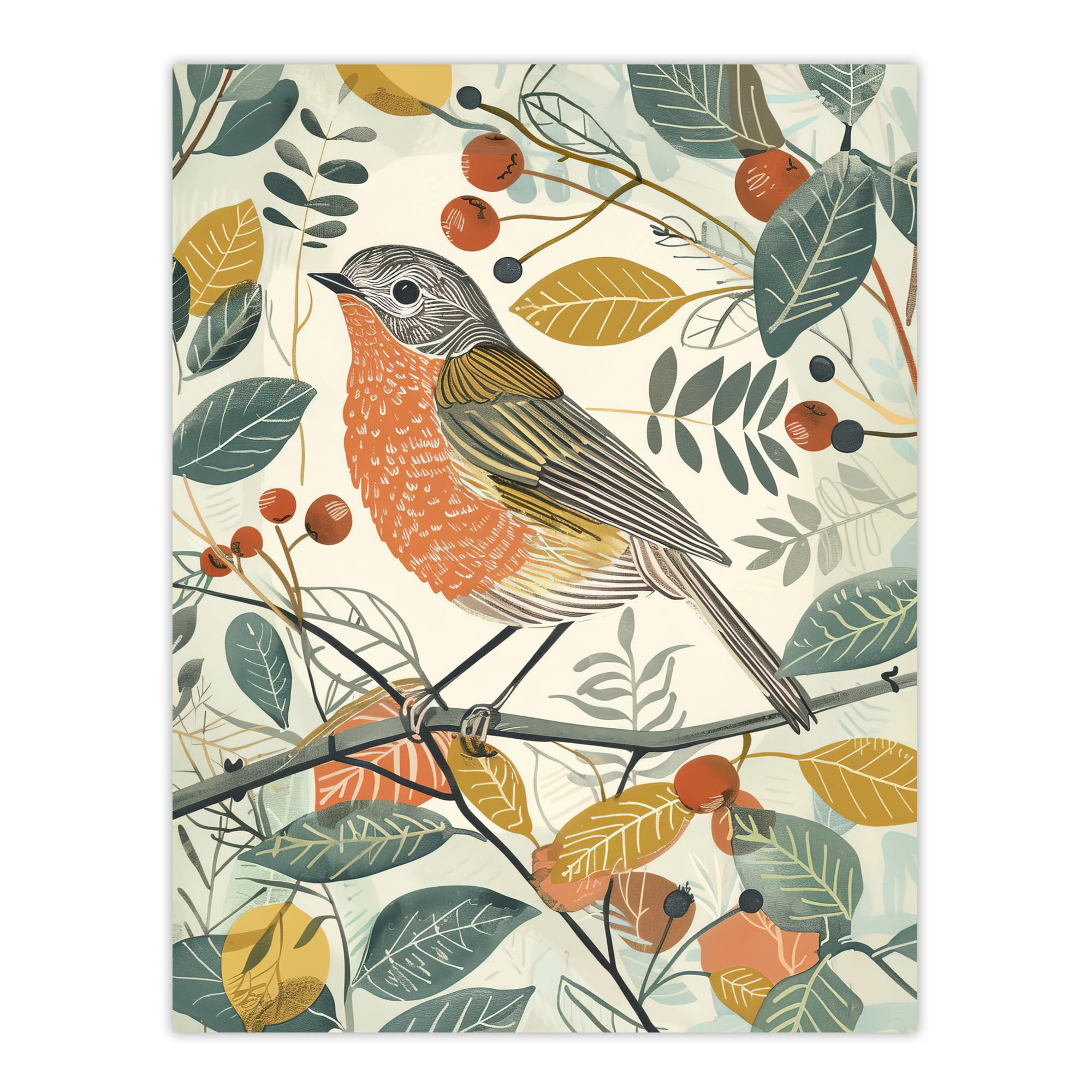 Artery8 Robin Bird Garden Shrub Leaves Bright Painting Living Room Large Wall Art Poster Print Thick Paper 18X24 Inch