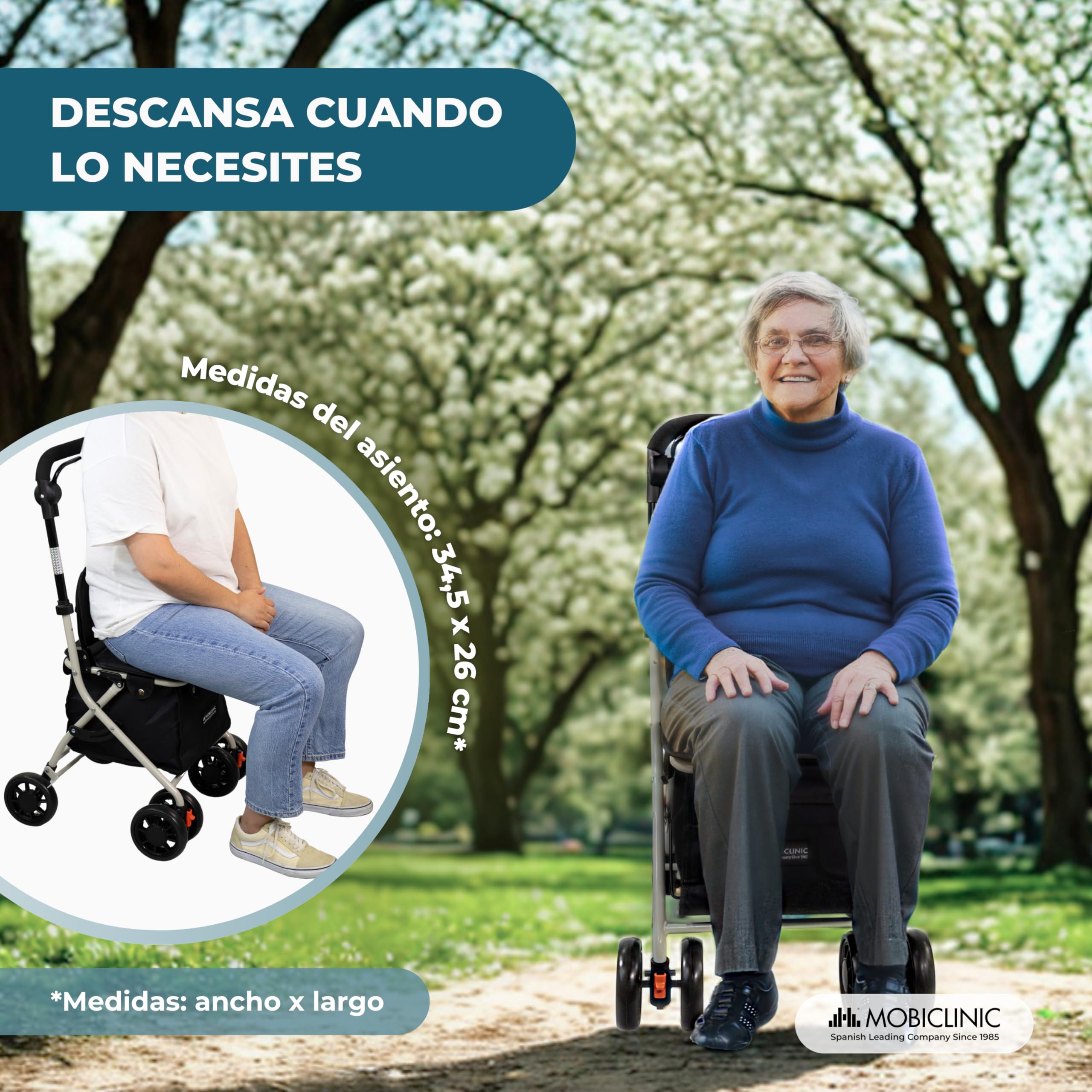 Mobiclinic® Andador Plegable Carro de la Compra con Asiento Coliseo Acero Ruedas 360º Negro