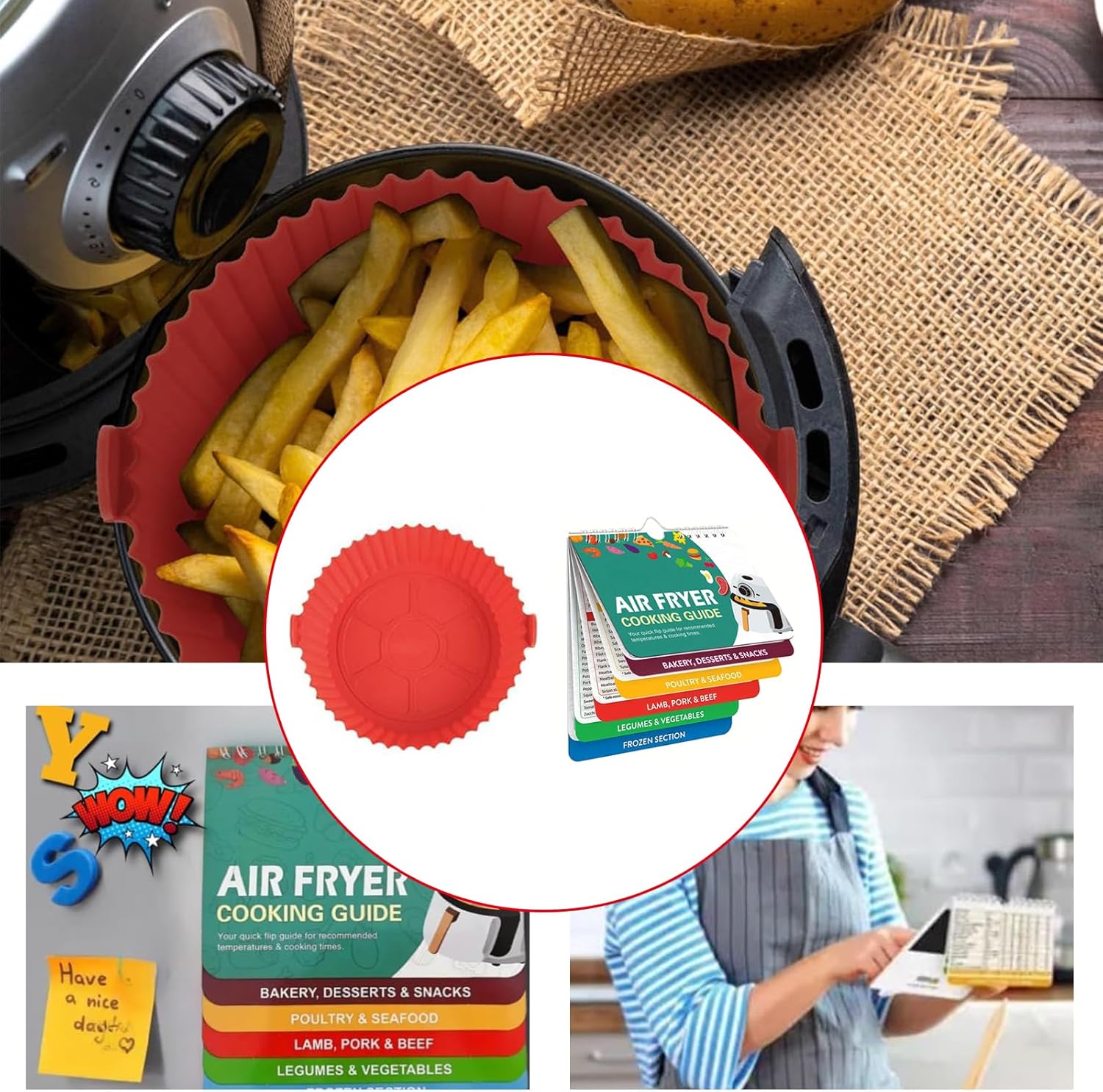 NIYATA 6 Pcs Red Silicone Fryer Liners, Round Air Fryer Liners Silicone,Reusable Air Fryer Liners Round,with 1 Air Fryer Cooking Guide Magnetic,Air Fryer Accessories for Oven Microwave Home Kitchen 7 81B7qdbYhfL. AC SL1500