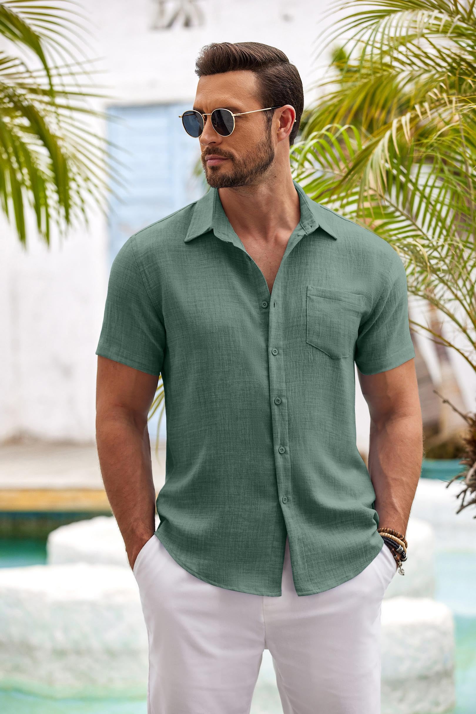 COOFANDY Chemise décontractée boutonnée à manches courtes pour homme avec poche