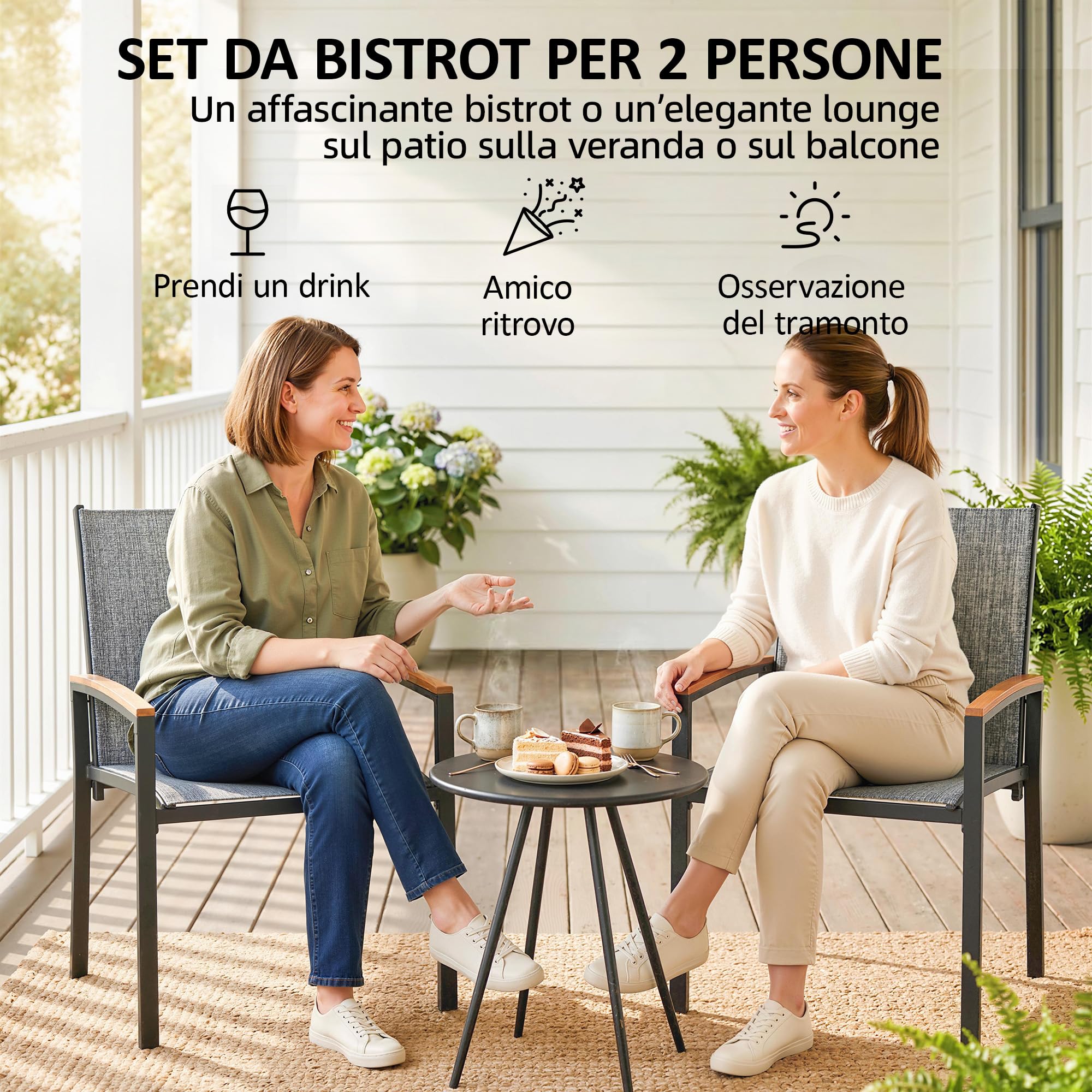 Outsunny Set da Bistrò da 3 Pezzi, Set da Giardino con 2 Sedie Texteline, Tavolo con Piano Metallo, Braccioli Decorativi, Set di Mobili da Giardino in Acciaio, per Patio Balcone Terrazzo, Grigio Misto
