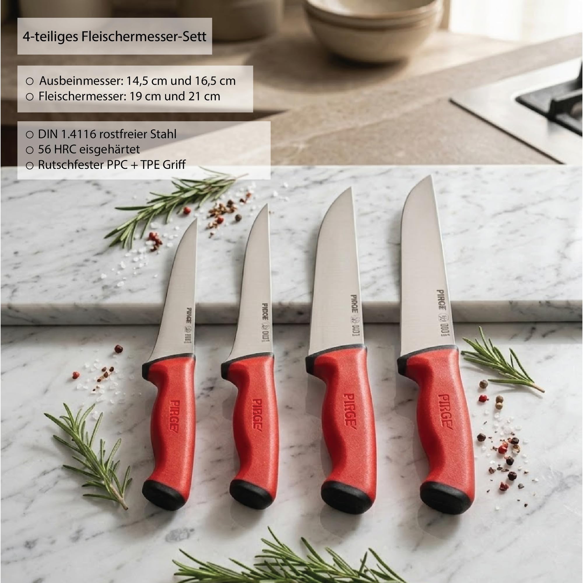 Pirge Set di coltelli da macellaio Duo, 4 pezzi, coltelli da macellazione con impugnatura antiscivolo - coltello da carne - coltello da disosso - affilatura eccellente