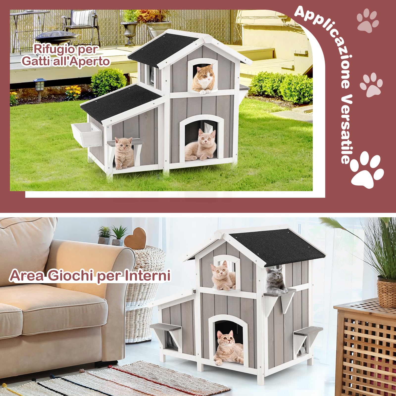 GYMAX Casa per Gatti a 2 Piani, 100 x 64 x 82,5 cm, Casetta Villa Rifugio in Legno con Tetti in Asfalto, Porte di Fuga, Tende e Finestra, per Animali Domestici per Interni ed Esterni, Grigio