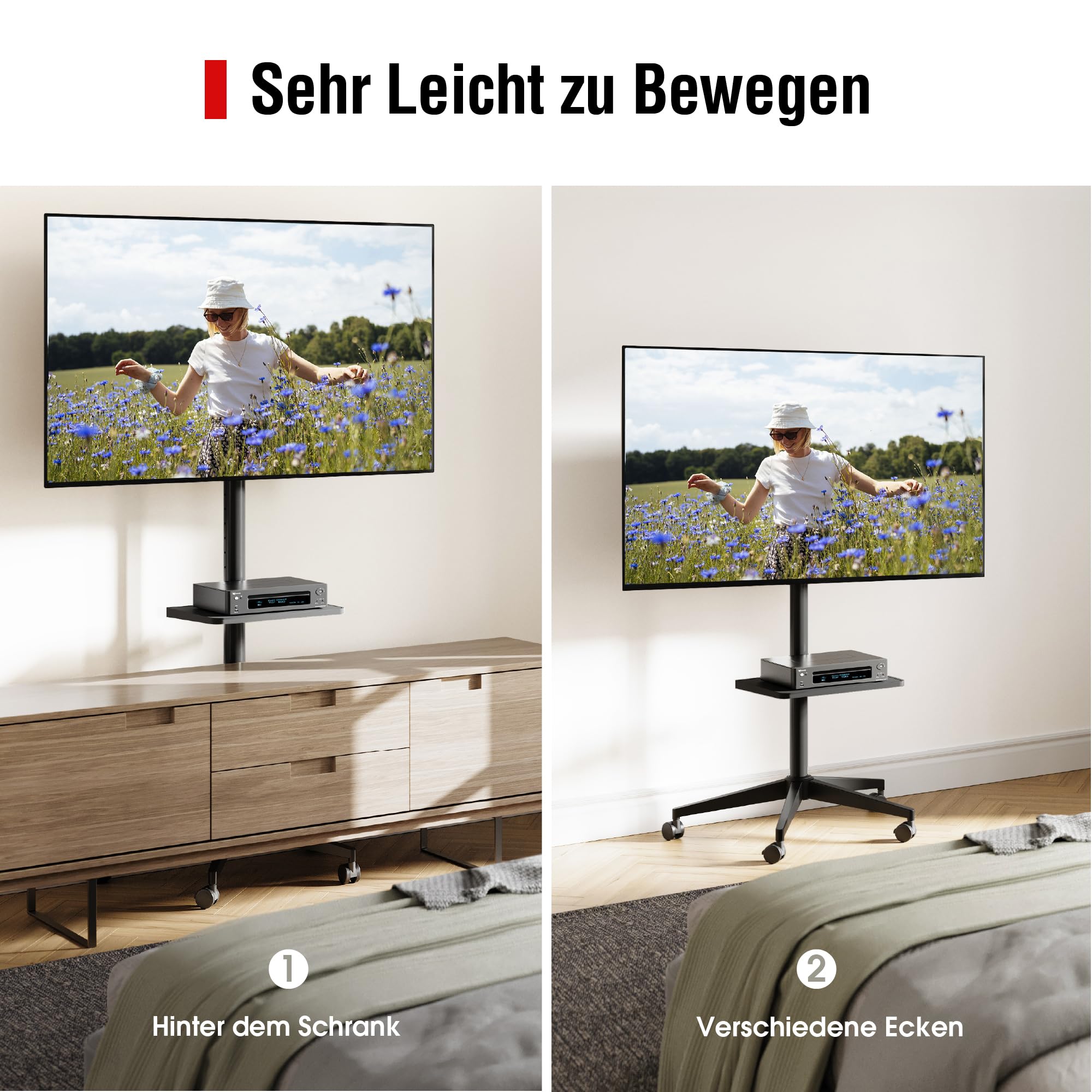 AOKCOS TV Bodenständer Rollbar mit Ablage, TV Ständer mit Rollen für 32-65 Zoll Fernseher bis 40 kg, TV Standfuss Höhenverstellbar Neigbar, Max VESA 400x400 mm, Einfache Montage