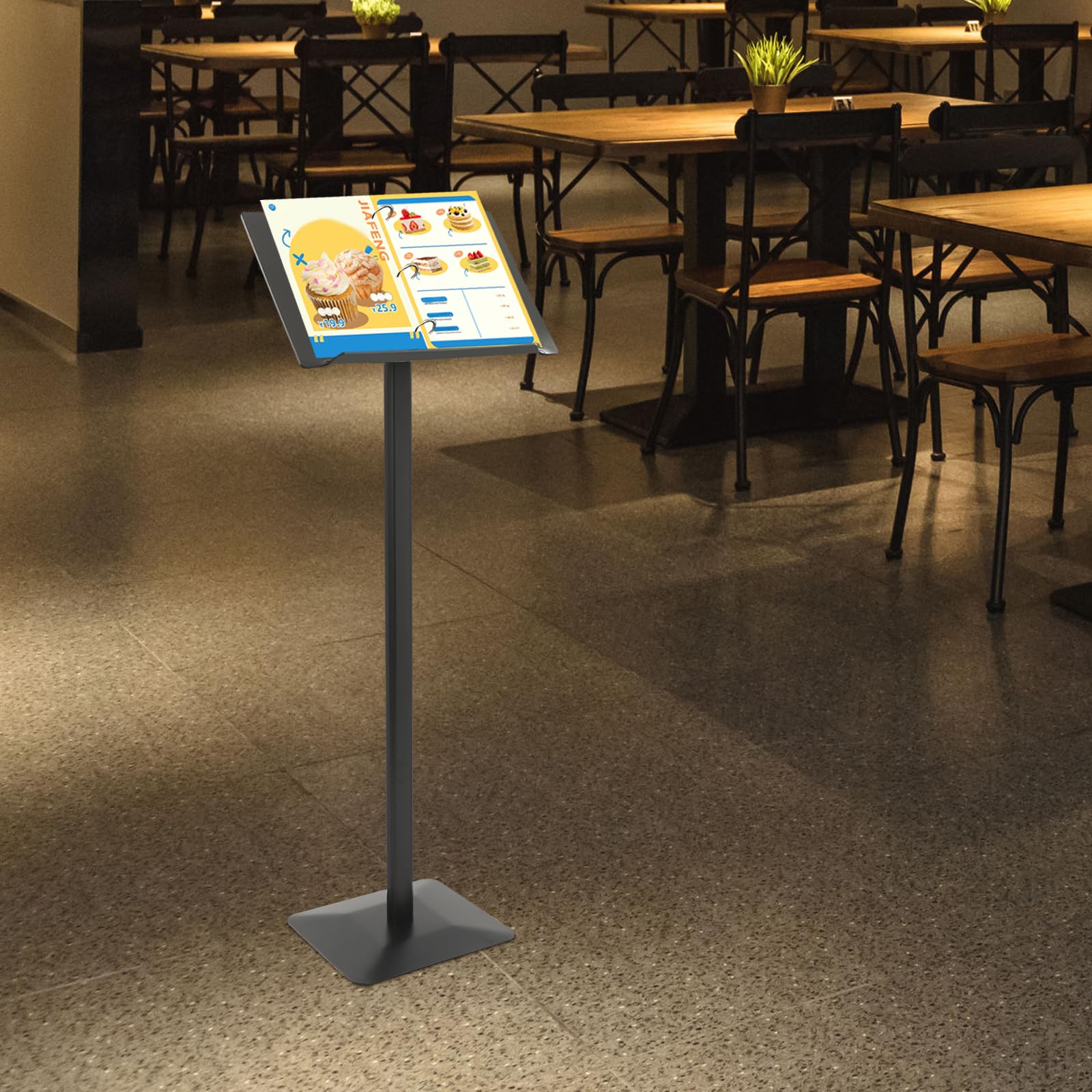 Soporte para menús, 32 x 28 cm, de metal negro, con anillas de 3 cm y ángulo de inclinación ajustable, altura de 115 cm, soporte de información