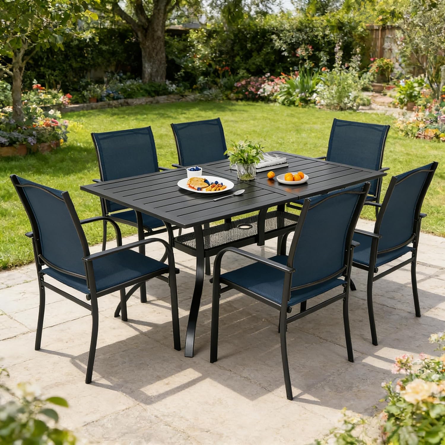 SUNCROWN 7 - Piece Outdoor Dining Set, Patio Furniture Set with 6 x Textilene Dinning Chairs and 1 Steel Slat Metal Bistro Table for Lawn Garden Backyard Deck, Blue