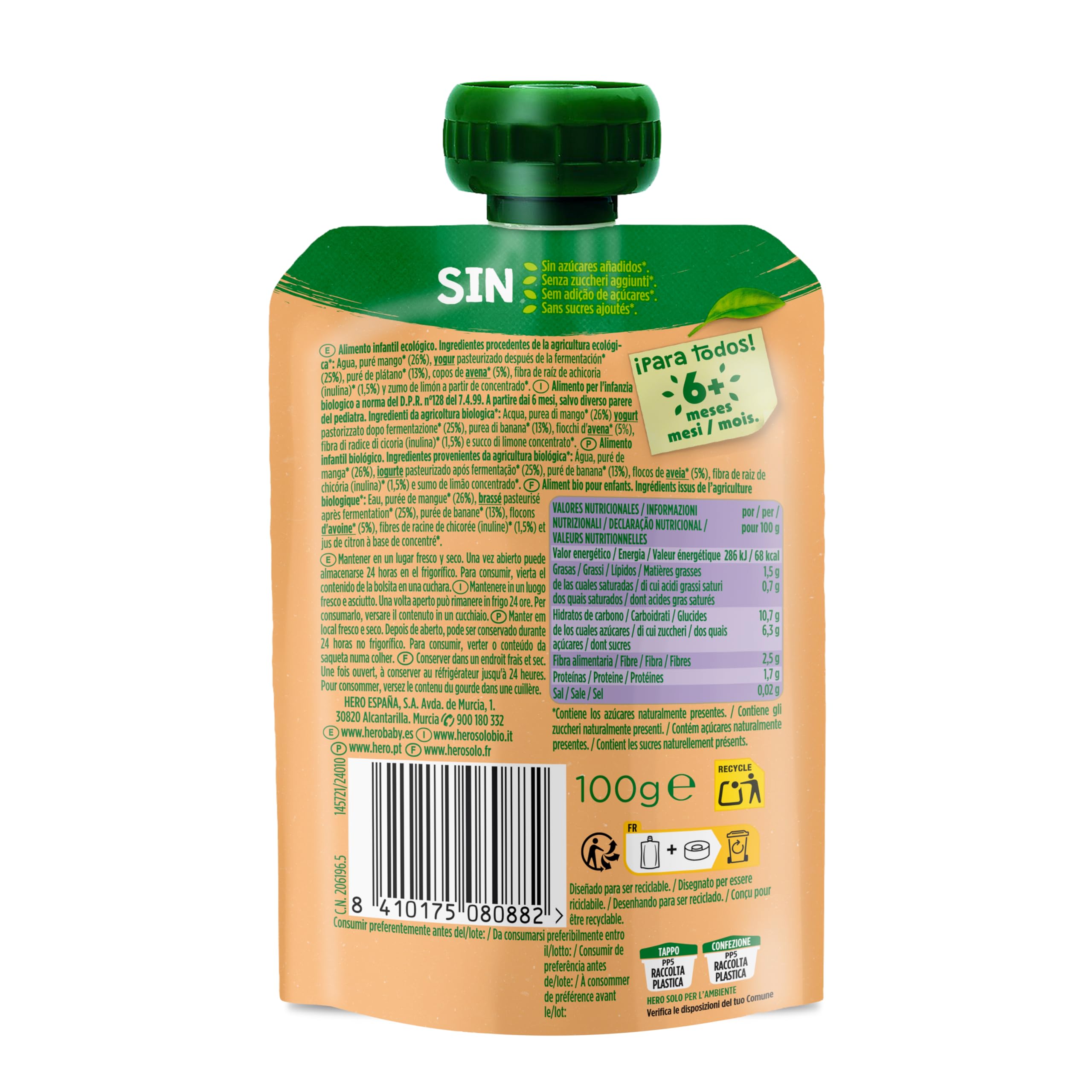 Bolsitas Ecológicas de Mango, Platáno, Yogur y Avena 100gr Hero Solo