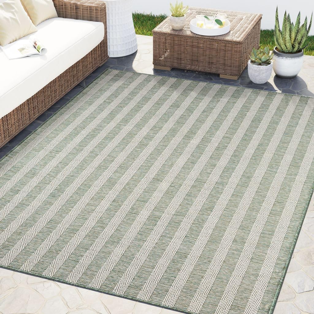 Abani Green Area Rug – Ocean Collection – 4' x 6' Striped Design – Indoor & Outdoor Use – UV Protected, Fade-Resistant, Easy to Clean – Durable for Patio, Deck, Entryway, or Kitchen