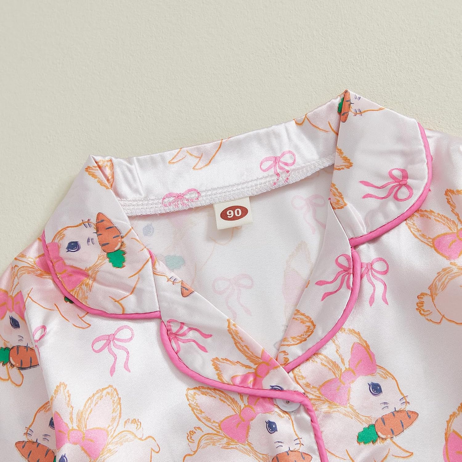 Kids Toddler Girl Easter Pajamas Bunny&Floral Button Up Ruffle Shirts Pants Little Girls Easter Satin Silk Pajama Set - Image 4