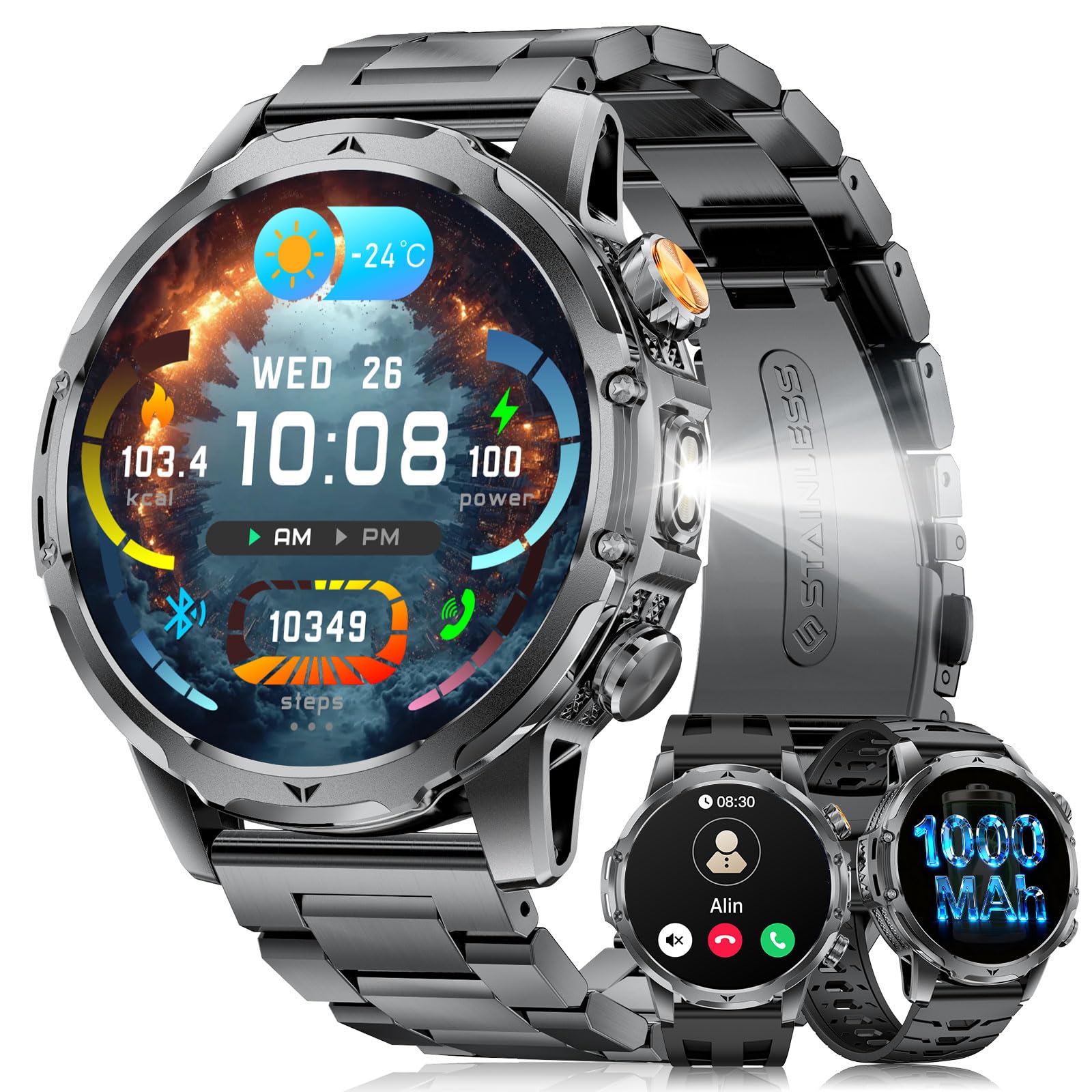 Reloj Inteligente Hombre con 1000mAh/Linterna, 1.53" HD Militar Smartwatch Hombre con Llamadas Bluetooth, Monitor de Sueño, SpO2, IP68 Impermeable, 120+ Modos Deportivos para Android iOS