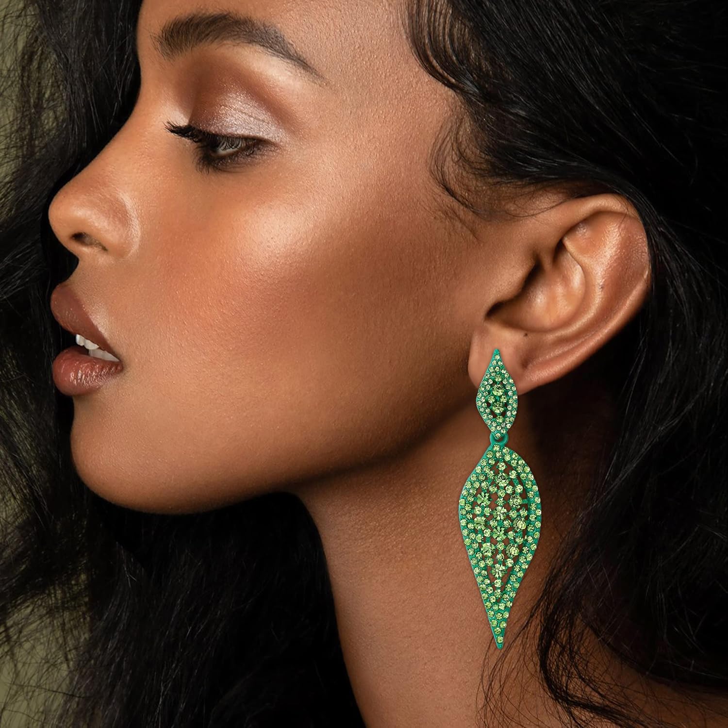 EVER FAITH Costume Party Jewelry 2 Leaf Round Crystal Hollow-out Pierced Chandelier Dangle Earrings for Women - Image 2