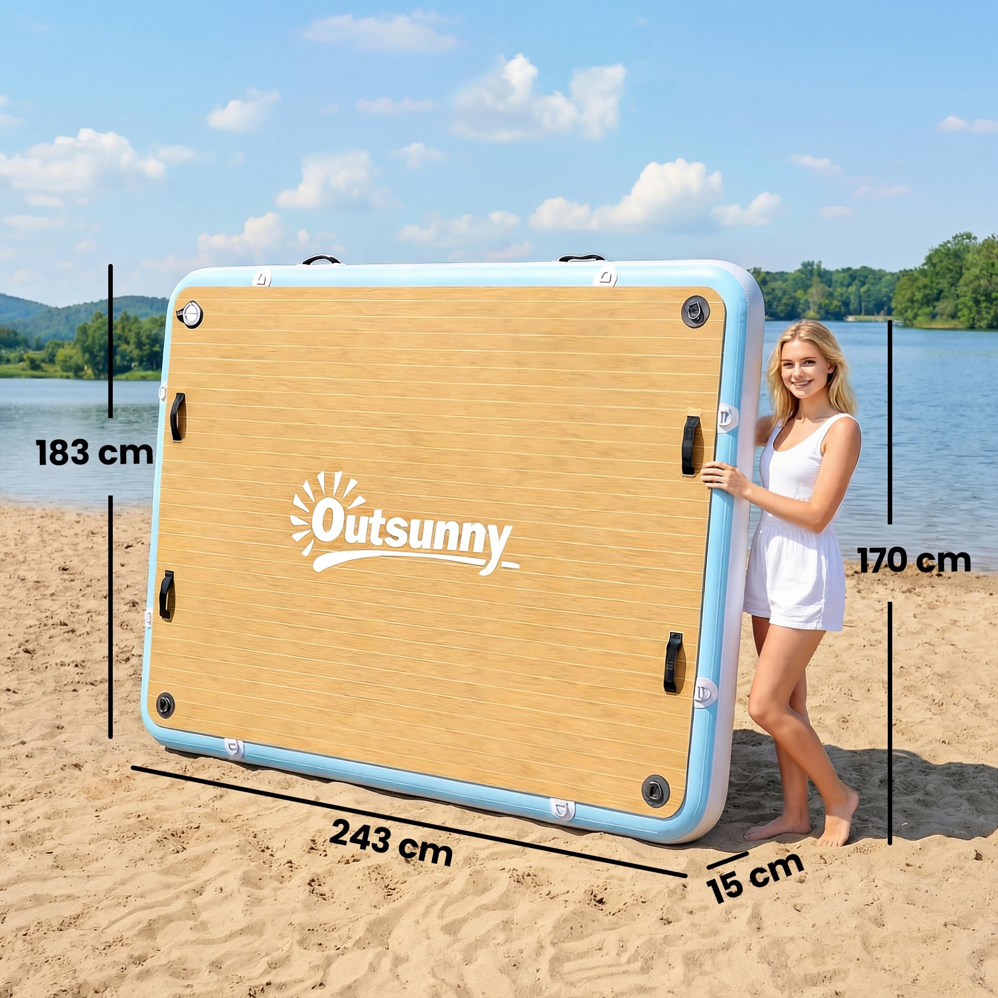 Outsunny Aufblasbares Dock Schwimmdock 2,4x1,8m Aufblasbar Schwimmende Plattform für 4-6 Personen mit rutschfest Oberfläche Abnehmbarer Leiter Luftpumpe Tragetasche Wasser Dockplattform für See Pool
