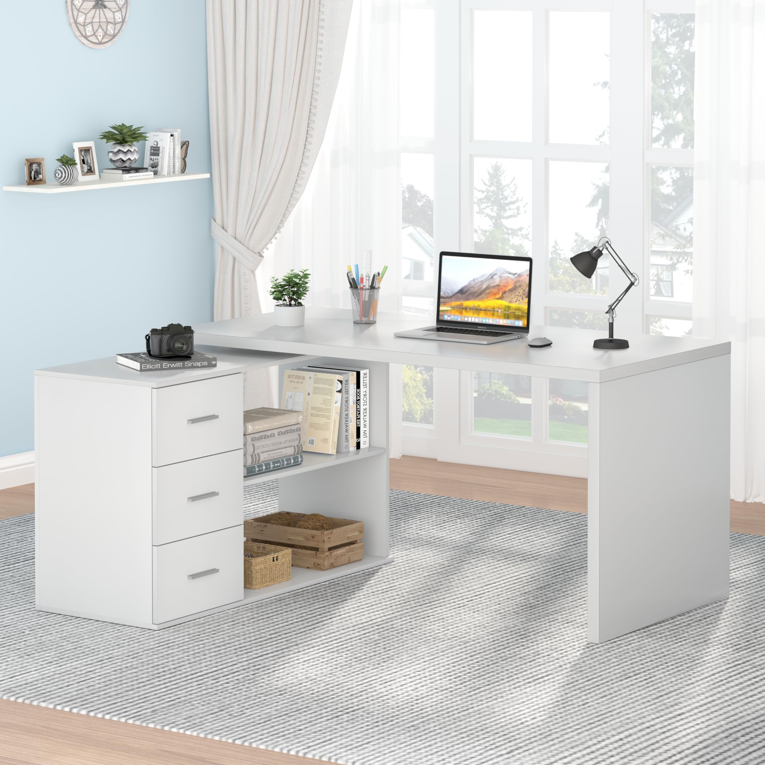 HSH 140cm Schreibtisch Weiß L Form Modern Umkehrbarer Eckschreibtisch | Bürotisch mit Stauraum für Homeoffice Computertisch mit 3 Schubladen und 2 Regalen für Büro