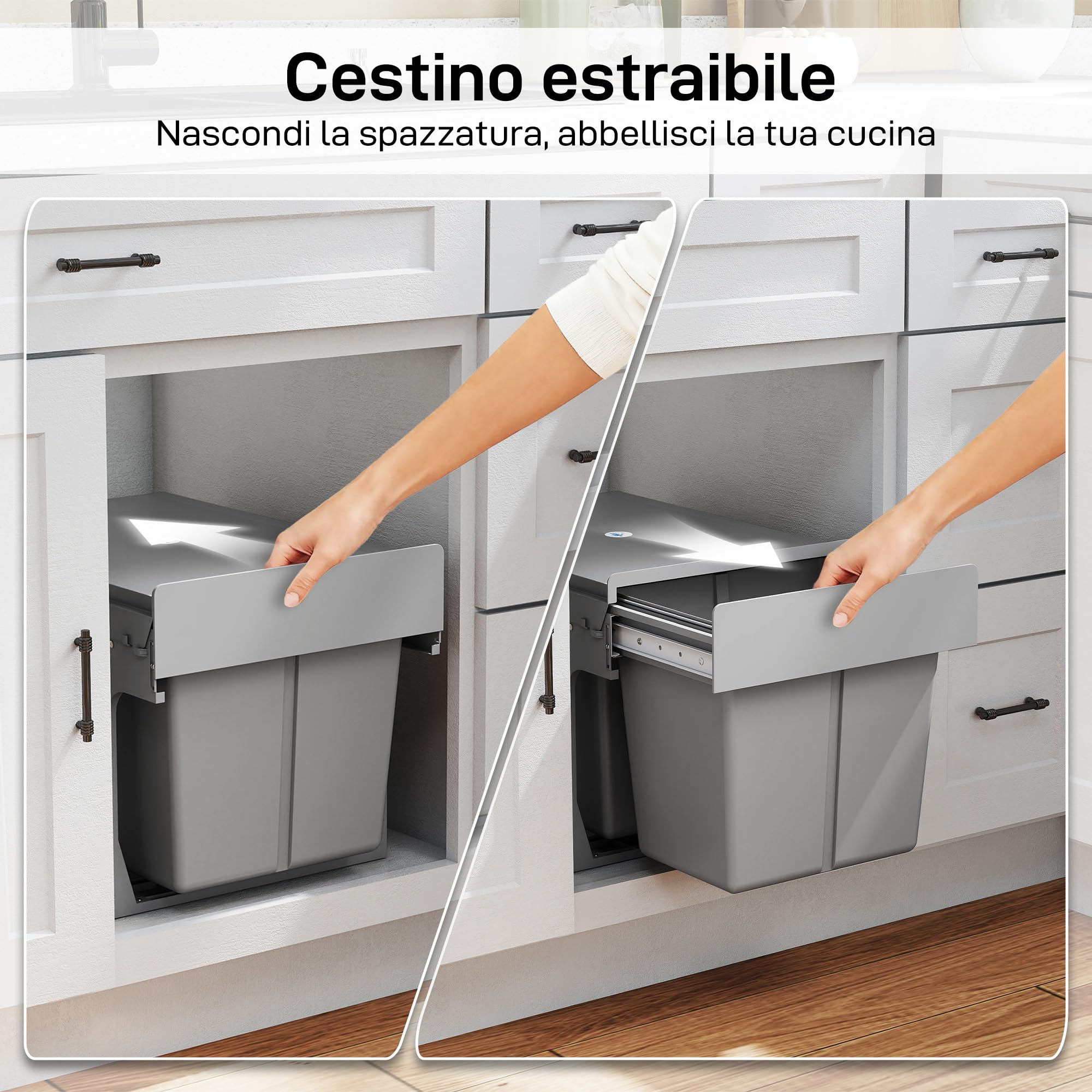 HOMCOM Pattumiera Estraibile Sottolavello 48x34.3x35.1 cm Grigio Chiaro | per Raccolta Differenziata 31L, Bidone Rifiuti, 3 Secchi Rimovibili, con Piano Superiore