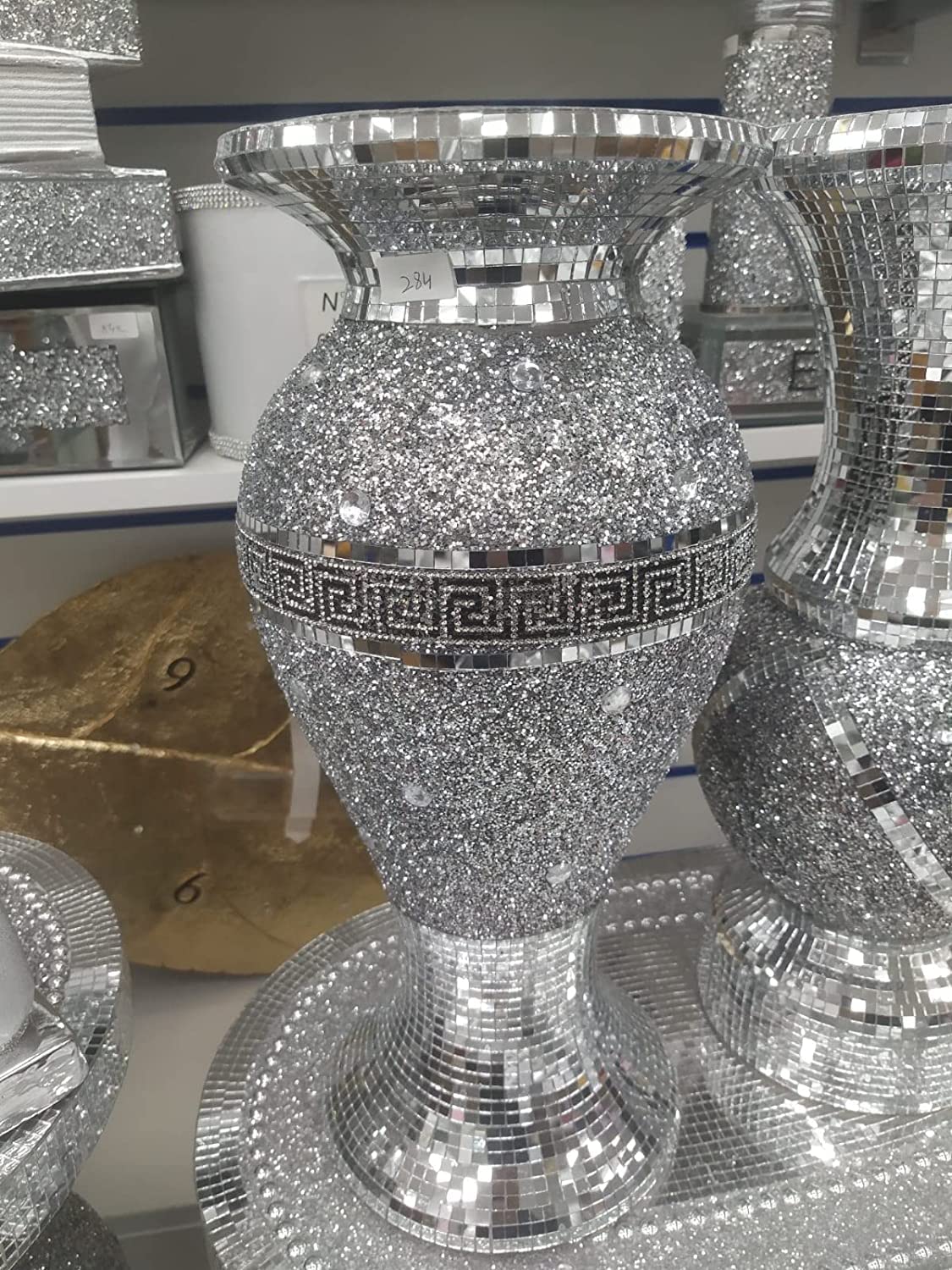 Deenz Silver 30Cm Sparkle Diamond Crushed Crystal Sparkly Mirrored Floor Vase Style 054