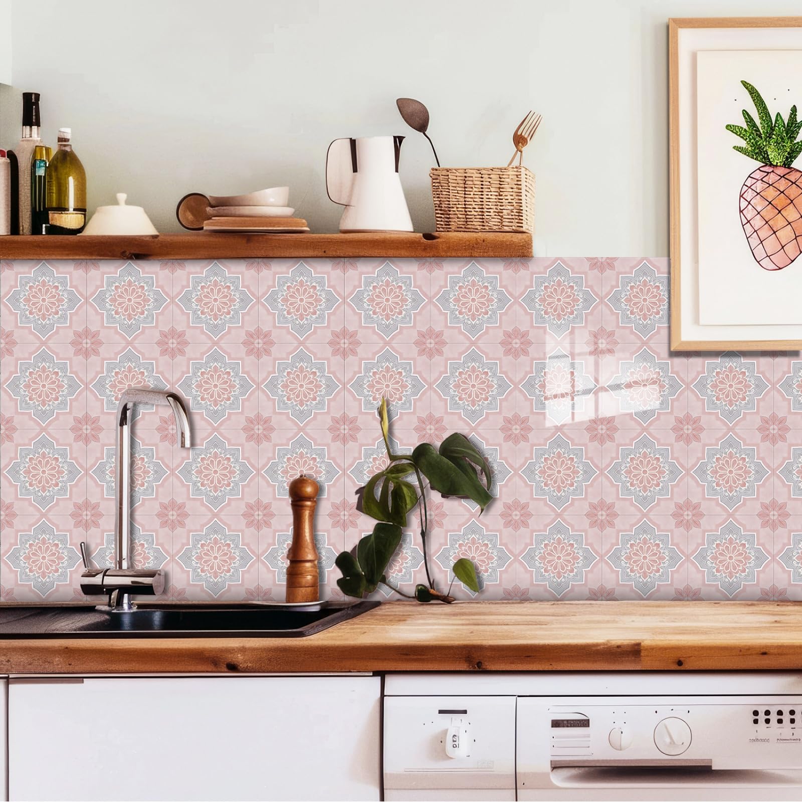 LMYSXAOZ Stick on Tiles Kitchen 10x10CM Pink Mandala Peel and Wall Stickers Waterproof Oil Proof PVC Decorative for Bathroom Washroom Bedroom,Floor