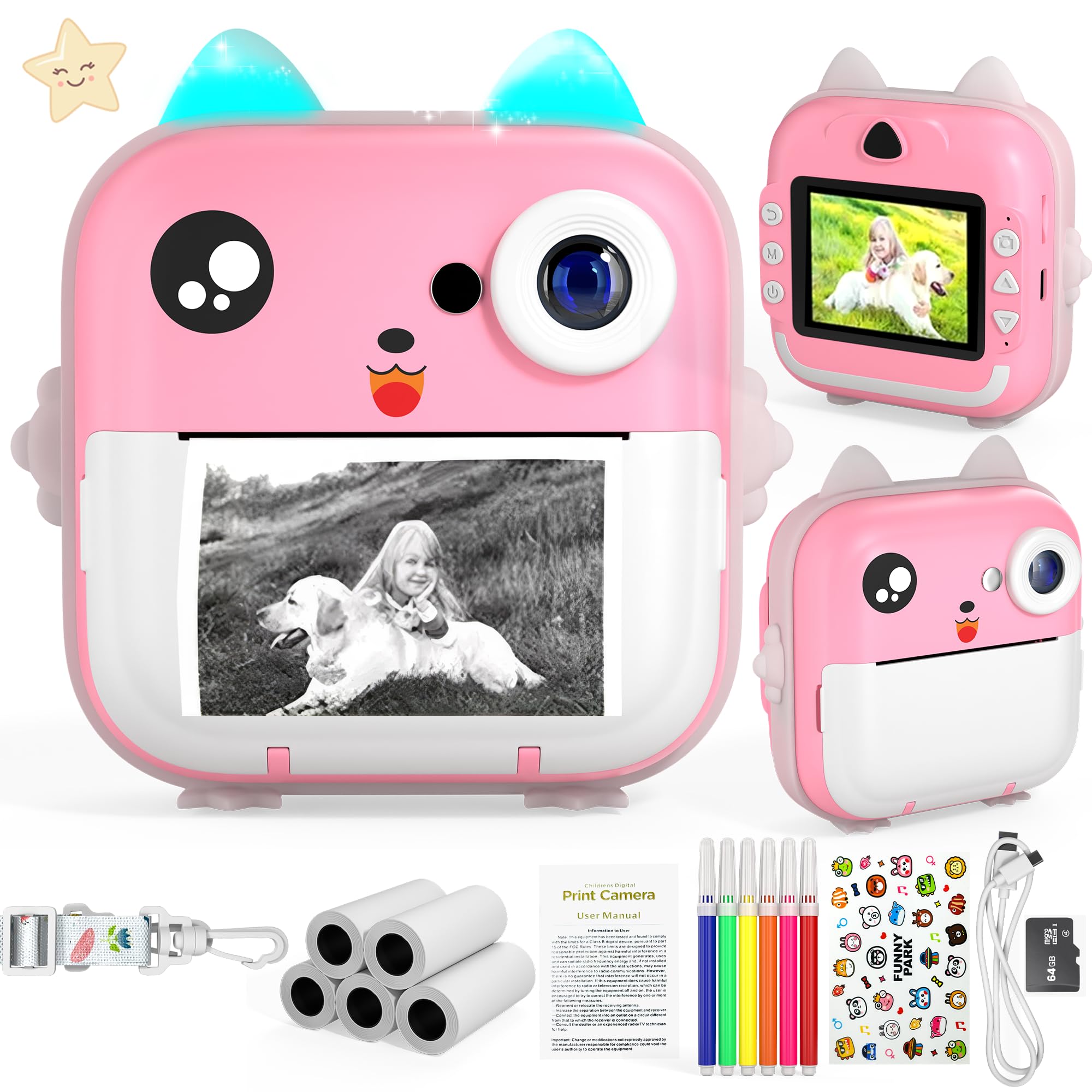 Instant Print Camera for Kids, Christmas Birthday Gifts for Girls Boys, HD Digital Video Cameras for Toddler, Portable Toy for 4 5 6 7 8 9 10 Year Old Girl with 64GB SD Card-Pink