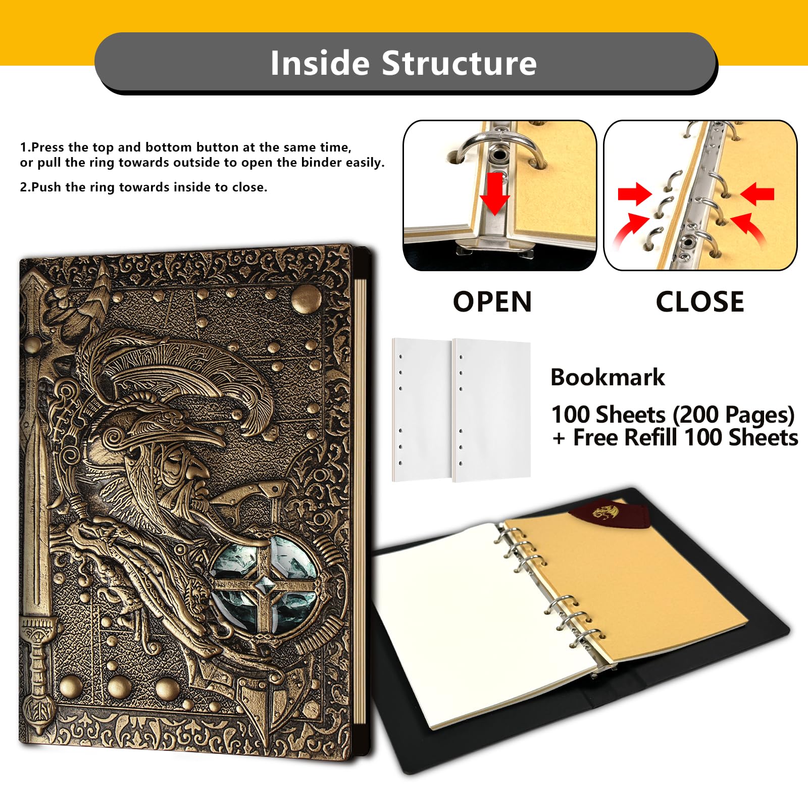 DDFE - Diario DND, Quaderno in Pelle 3D in Rilievo, Libro Vintage da 400 Pagine con Raccoglitore Ricaricabile a 6 Anelli per Accessori di Dadi Dungeons and Dragons D&D, Giochi di Ruolo, Ottimi Regali