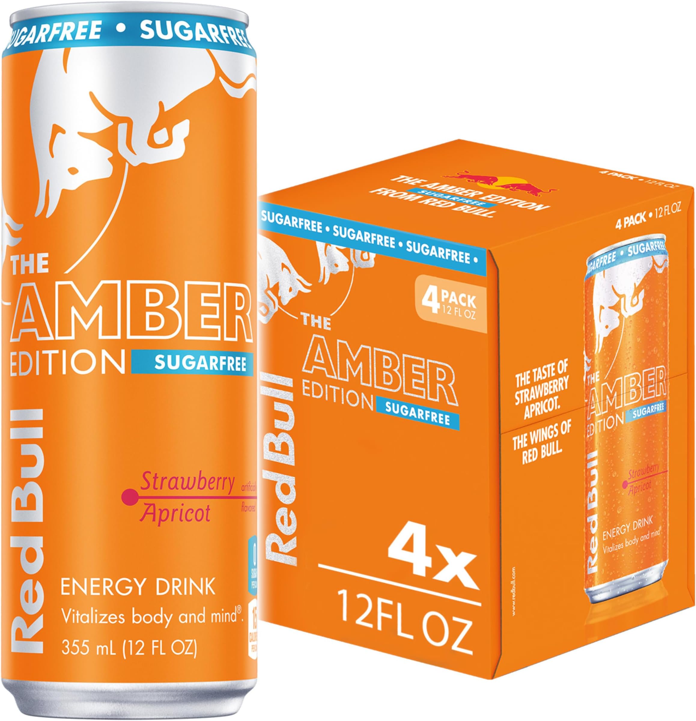 Amber Edition Sugar Free Energy Drink, Strawberry Apricot, with 114mg Caffeine plus Taurine & B Vitamins, 12 Fl Oz, Pack of 4 Cans