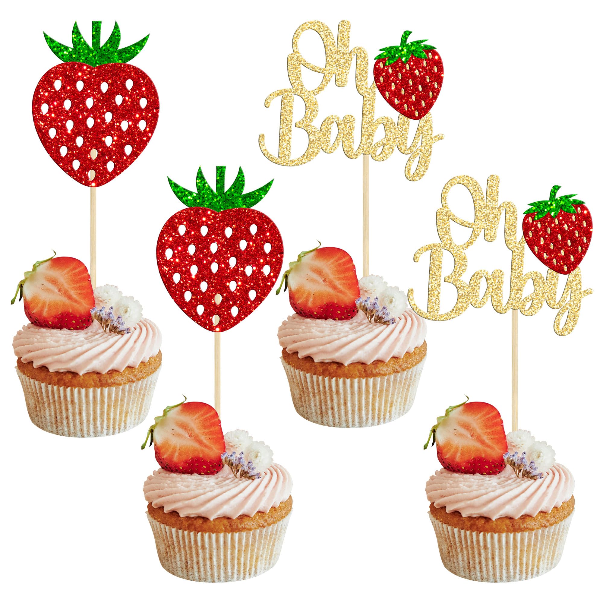 Ephlyn 24 Pack Gold Sweet Oh Baby Cupcake Toppers Strawberry Cupcake Picks Fruit Baby Shower Kids Birthday Berry Cupcake Decorations Party Supplies
