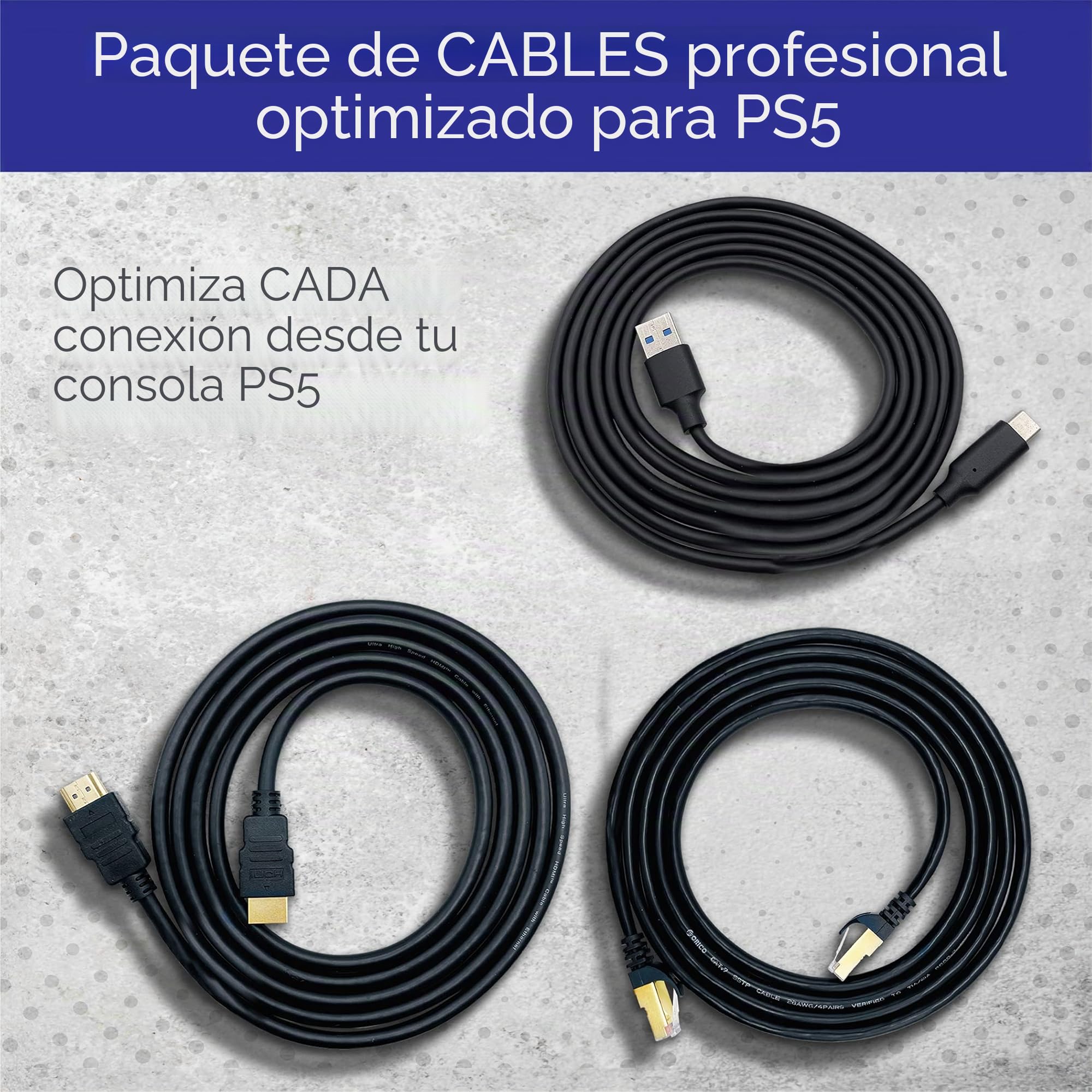 BrightOn Paquete Compatible Con PS5 | Cable Negro 8K HDMI 2.1 HDR 8K @60Hz/4K @120Hz | Ethernet CAT 7 de Súper Alta Velocidad | Carga Rápida USB A a USB C
