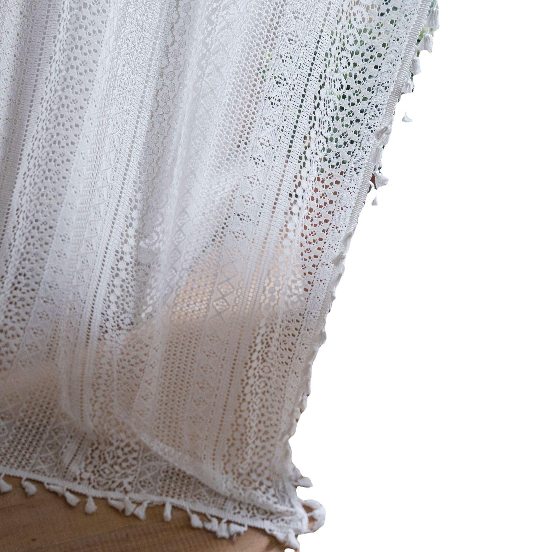 Rideaux à pompons en crochet de coton avec passe-tringle - Motif carré - Style rural - Pour chambre à coucher et salon - 150 x 240 cm