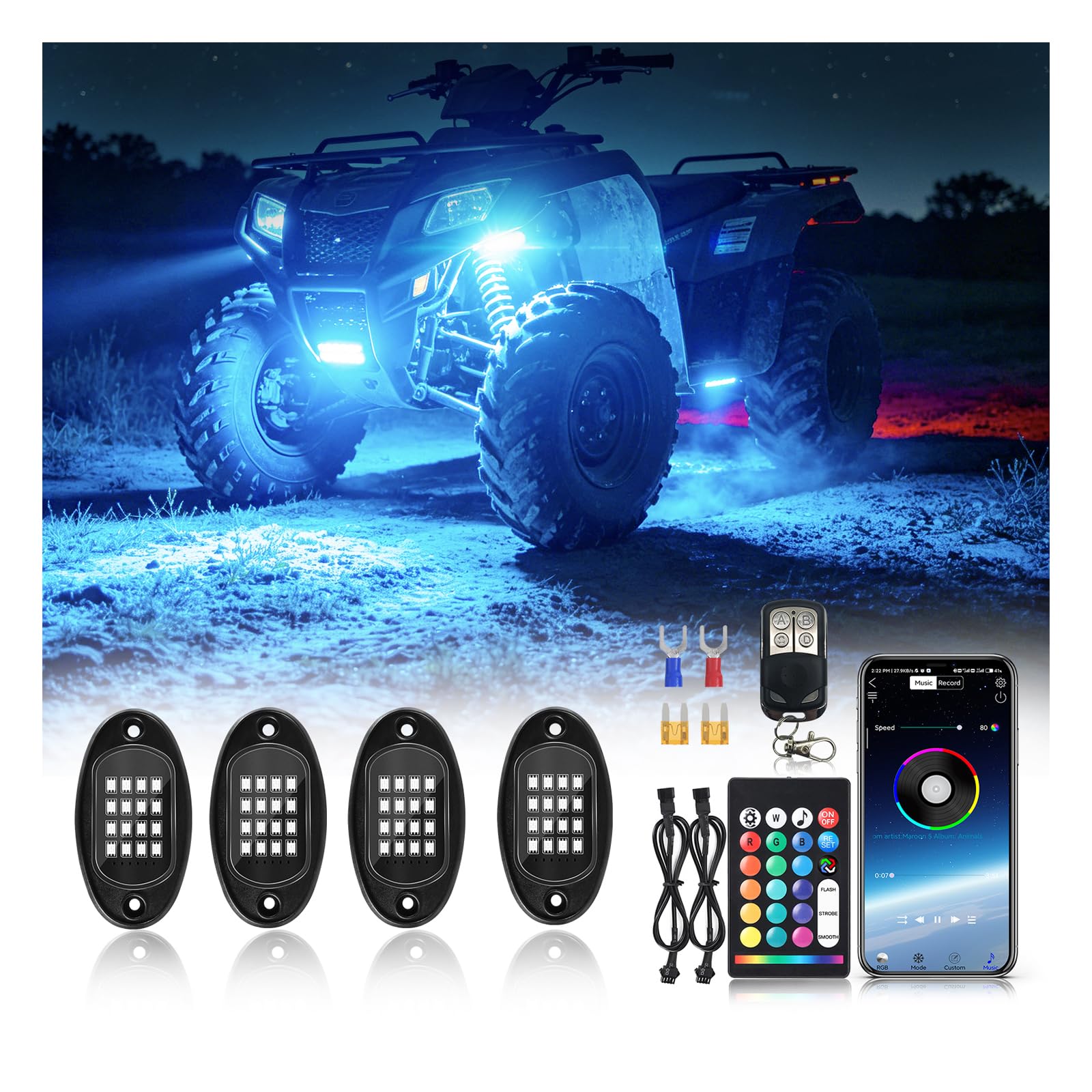 4Pods Segmented RGB LED Rock Lights Kit with APP/RF Remote Control, Brightness Upgraded Multicolor Underglow Lights Neon Music Mode Waterproof 12V Underbody Light for Trucks Pickup Jeep Golf Cart ATV NEW4 Pods