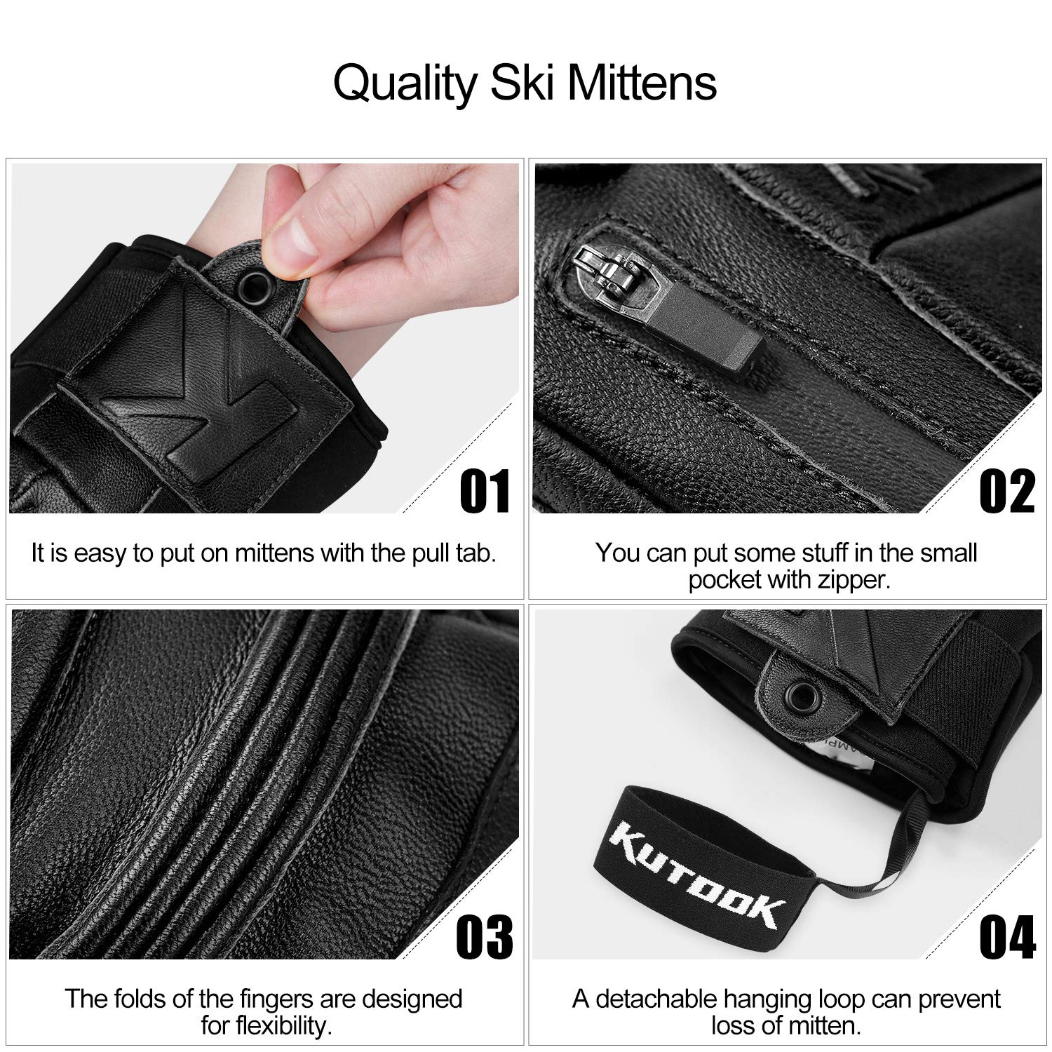 KUTOOK Gants Ski Chauffants Hiver Homme Femme Imperméable 3M Thinsulate Cuir Thermique Anti Froid Chaud Snowboard