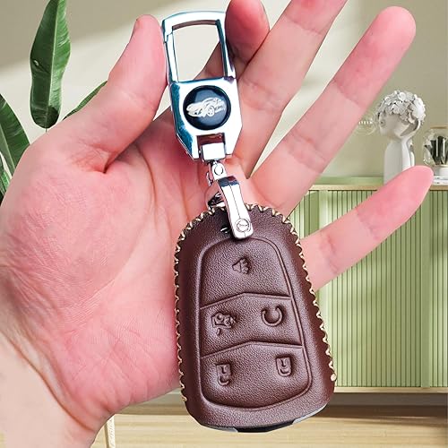 Miniatura 6 de OLLEN Funda de cuero genuino para llavero de Cadillac ATS CTS CT6 SRX STS XT5 XTS, etc., protector de llave inteligente de cuero, 5 botones, color