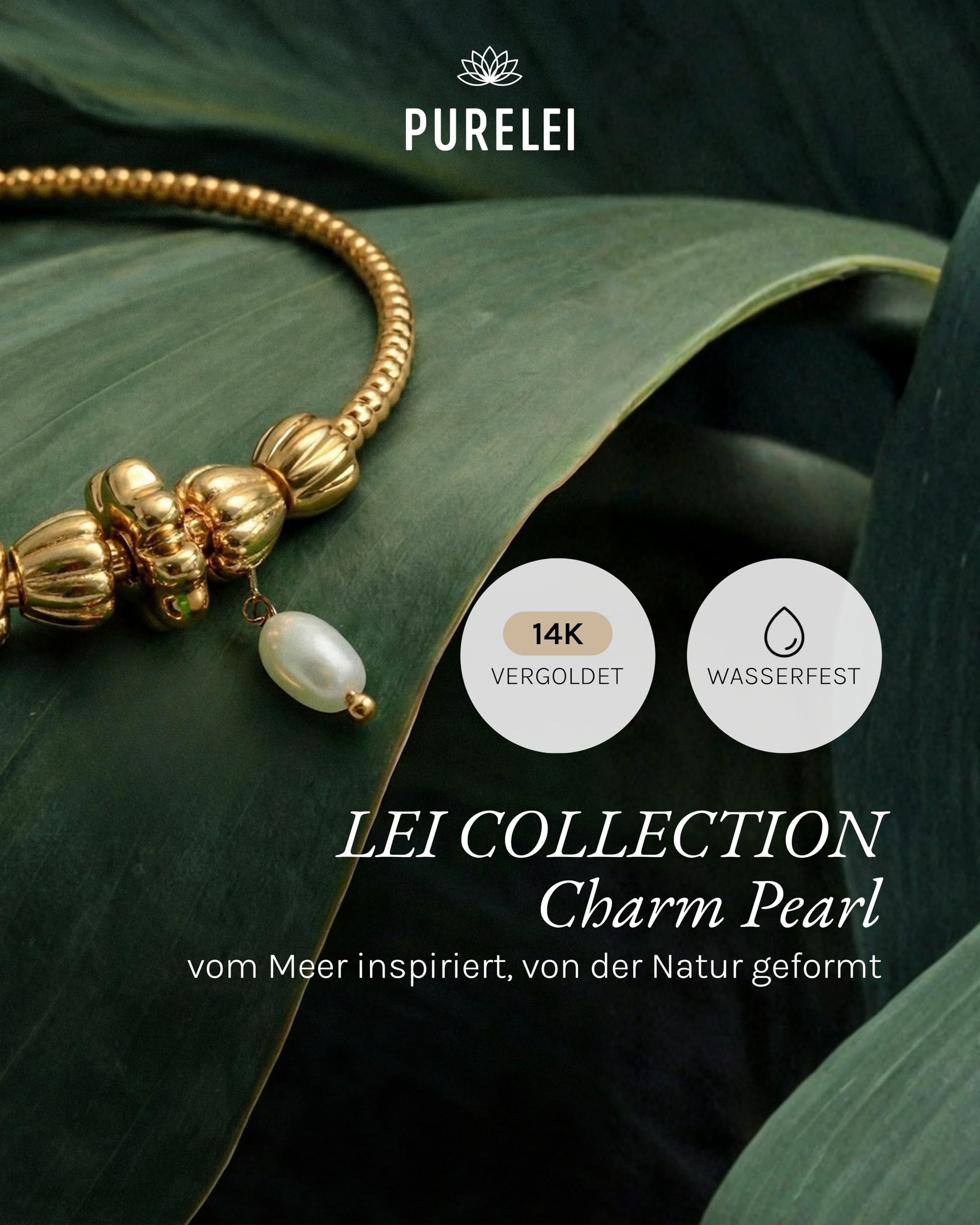 Purelei LEI Charm Armreif Damen S/M, wasserfestes Armband aus Edelstahl 14K vergoldet, Schmuckstück zum Kombinieren mit Stopper, Herz, Sonnenblume und Perle