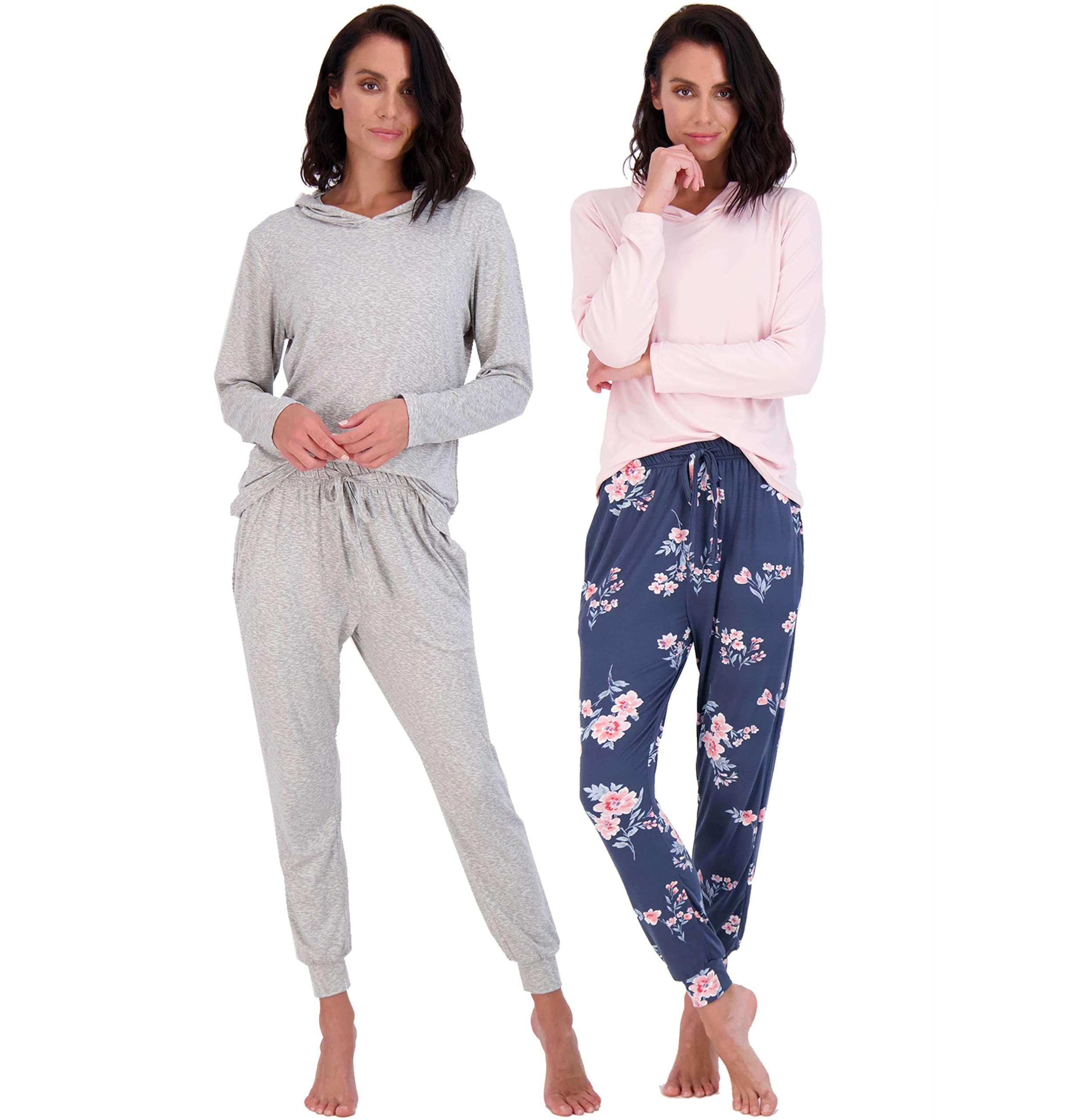 Real Essentials 2 Pack Womens Soft Long Sleeve Sleep Set - Comfortable Lounge Pull Over Hoodie and Henley