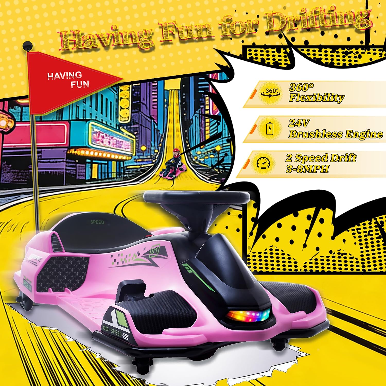 MOOITZ 24V Electric Wiggle Car, 360 Degrees Rotating Ride On Drift Car with 180W Brushless Motor, High/Low Speed, Lights, Music, Bluetooth, USB, Replacement Wheels, Go Cart for Kids, Pink