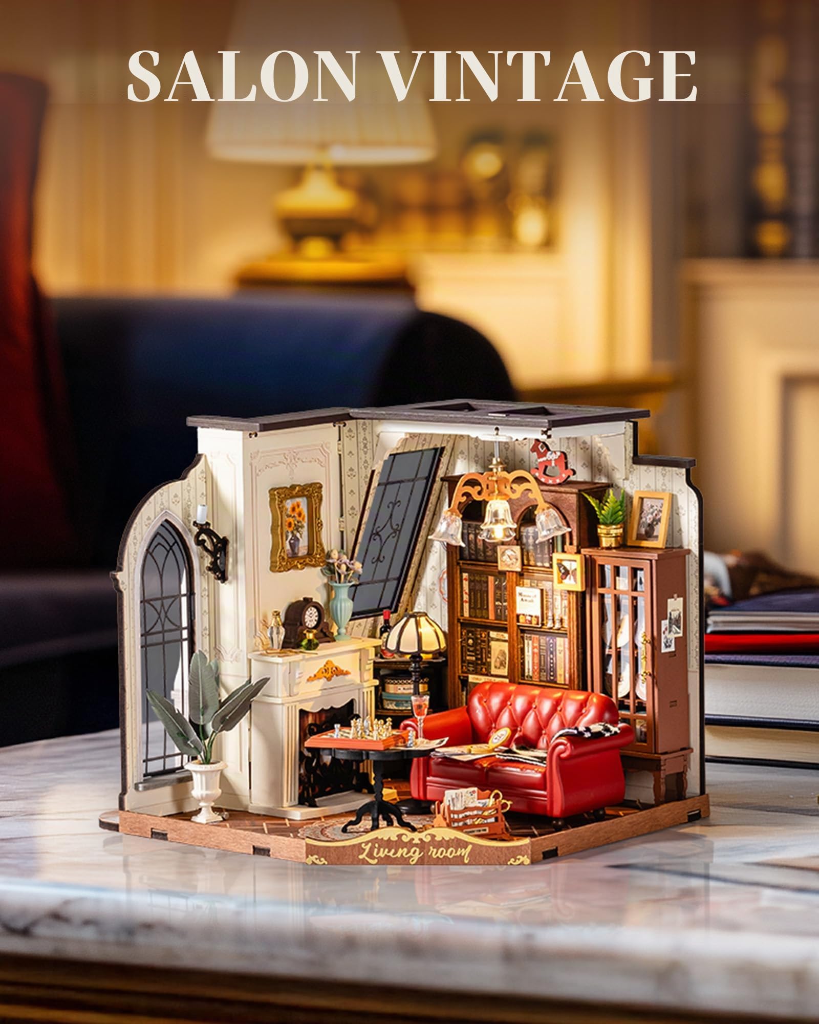 Robotime Maison Miniature Catherine's Living Room – Kit DIY Salon Vintage En Bois Avec Lumières LED – Cadeau Créatif Pour Adultes Et Filles