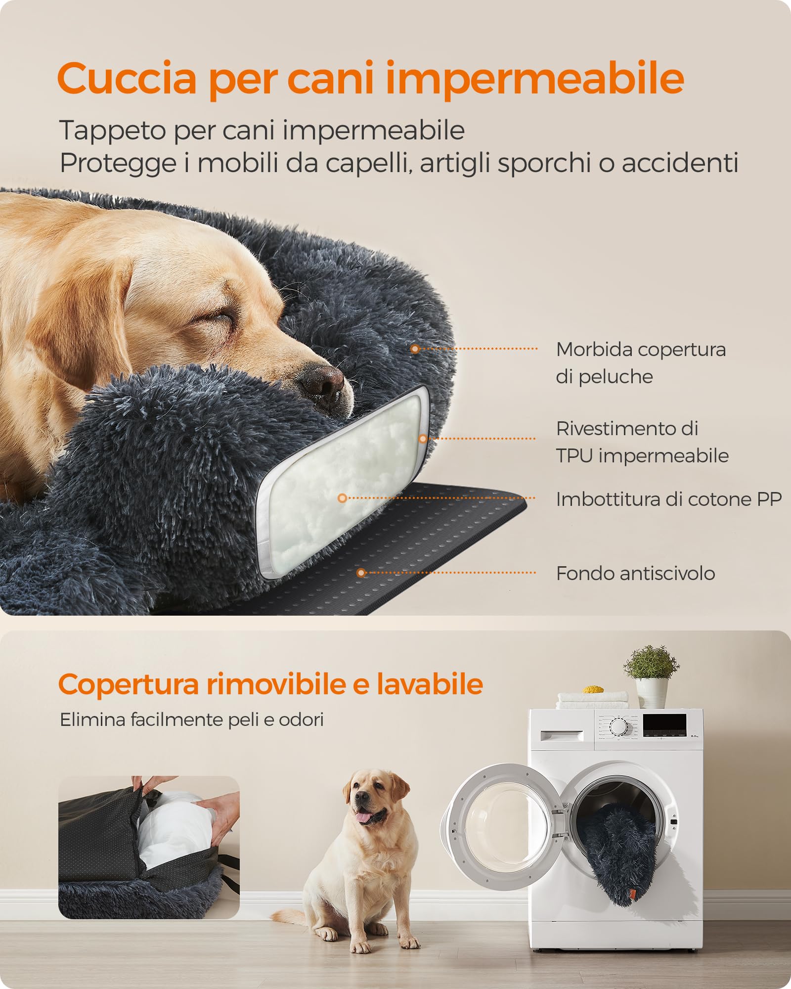 Feandrea FluffyHug Cuccia per Cani di Peluche, Tappeto Copridivano per Animali, Divano per Cani, XXL, per cani grandi, 122 x 95 x 18 cm, Grigio Scuro PGW224G02