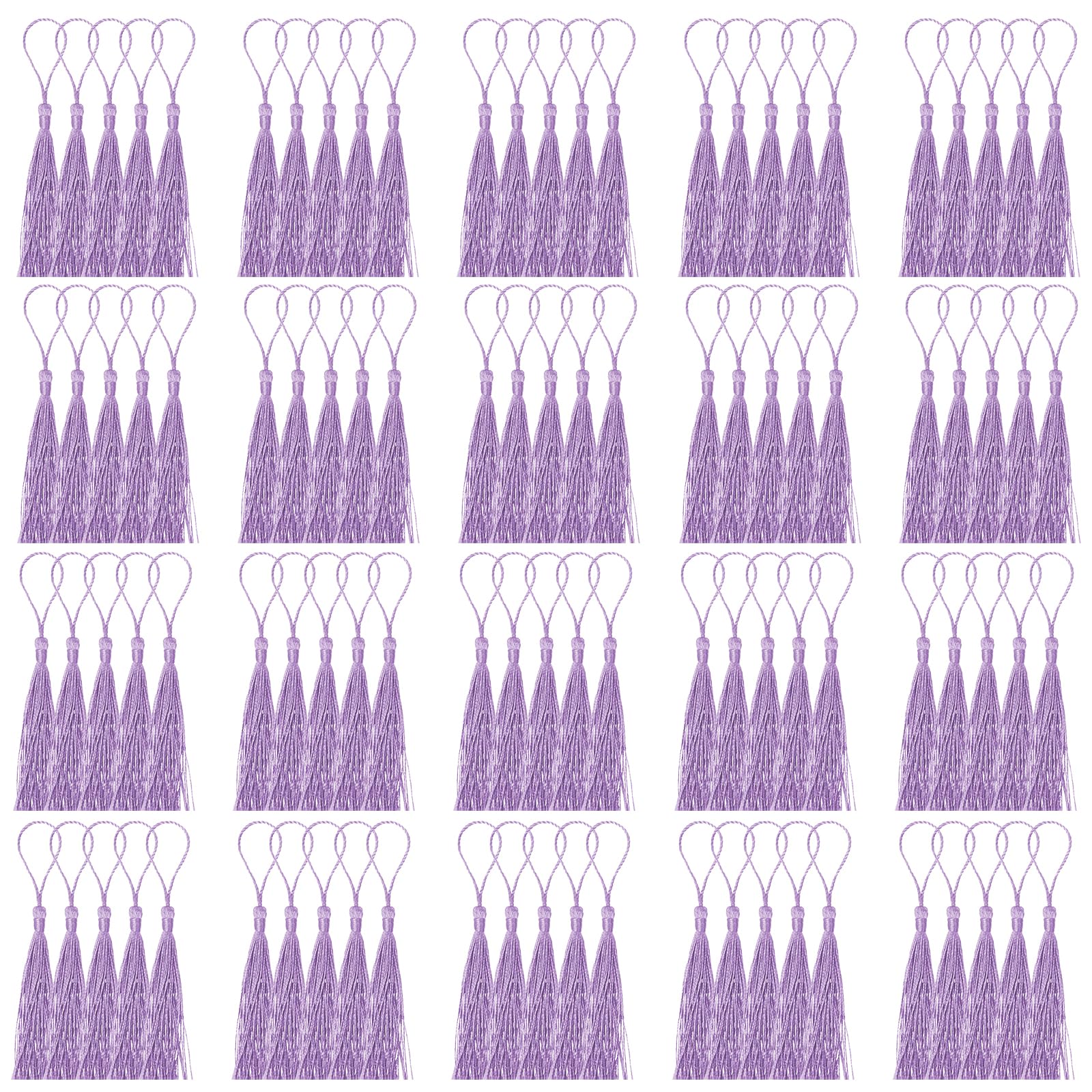 Mardatt 100Pcs Craft Mini Tassels Kit, 13cm/5Inch Light Purple Soft Craft Silky Tassels with Cord Loop Bookmark Tassels Bulk for Craft Making Floss Bookmark Souvenir Key Chain Craft DIY Projects