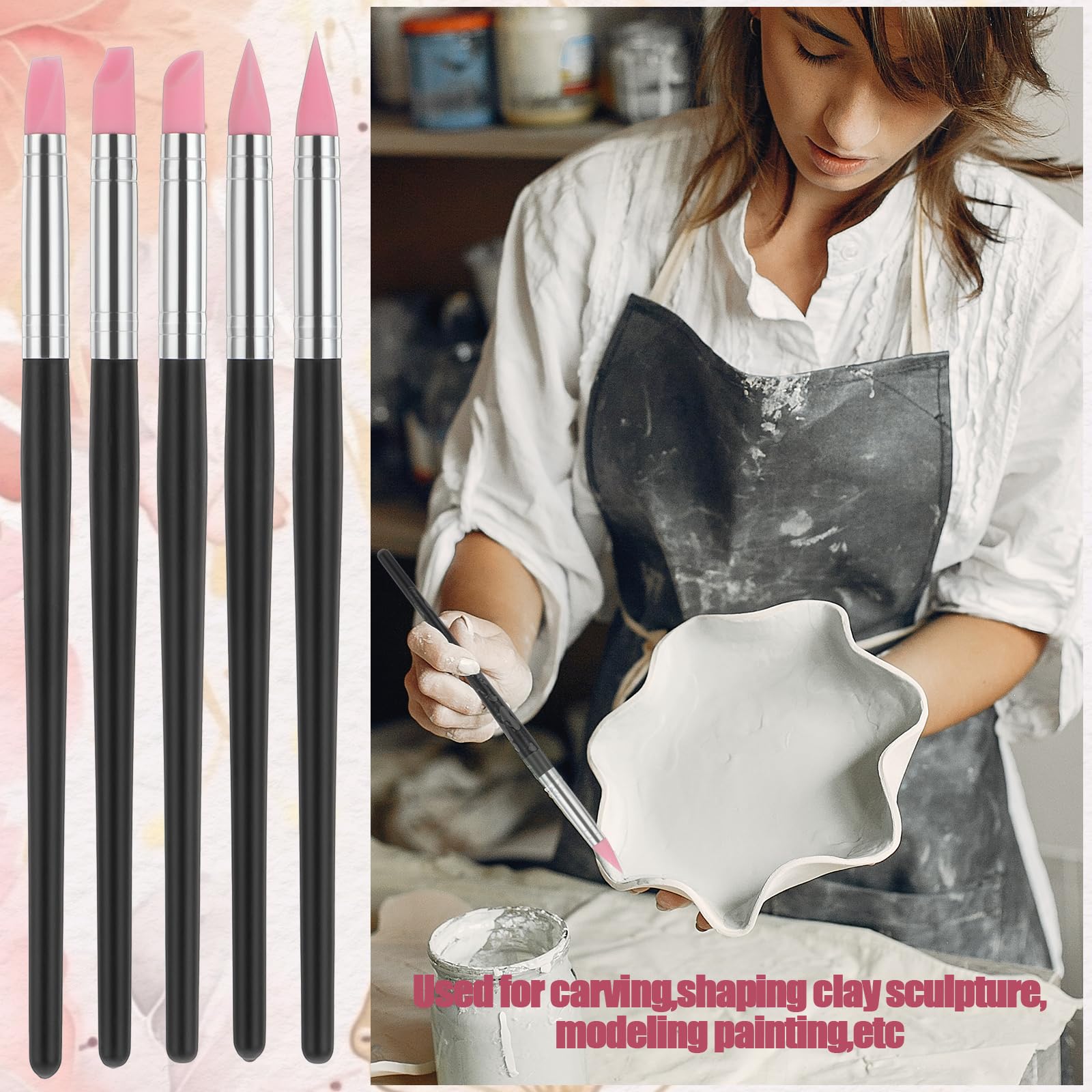 Lot De 5 Pinceaux En Silicone Avec Pointe En Caoutchouc Pour Sculpter La Poterie Et L'argile