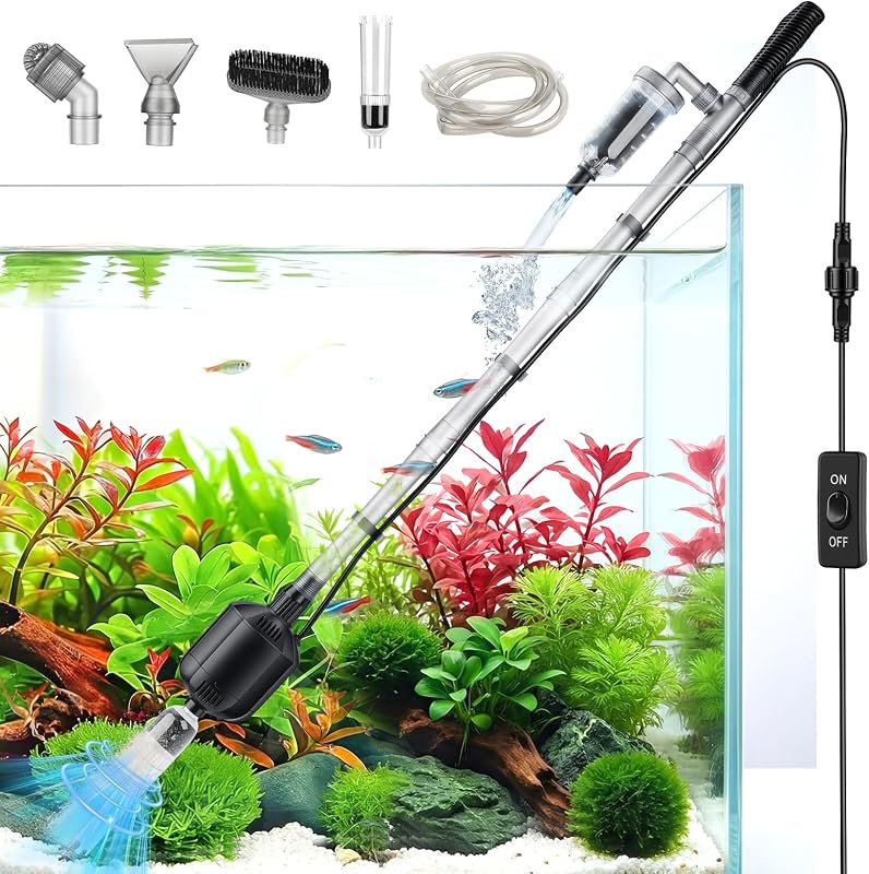 5 in 1 Electric Aquarium Gravel Cleaner, 360GPH Automatic Fish Tank Vacuum Water Changer, Vacuum Water Changer Sand Wash Filter (15W, Adjustable Length)