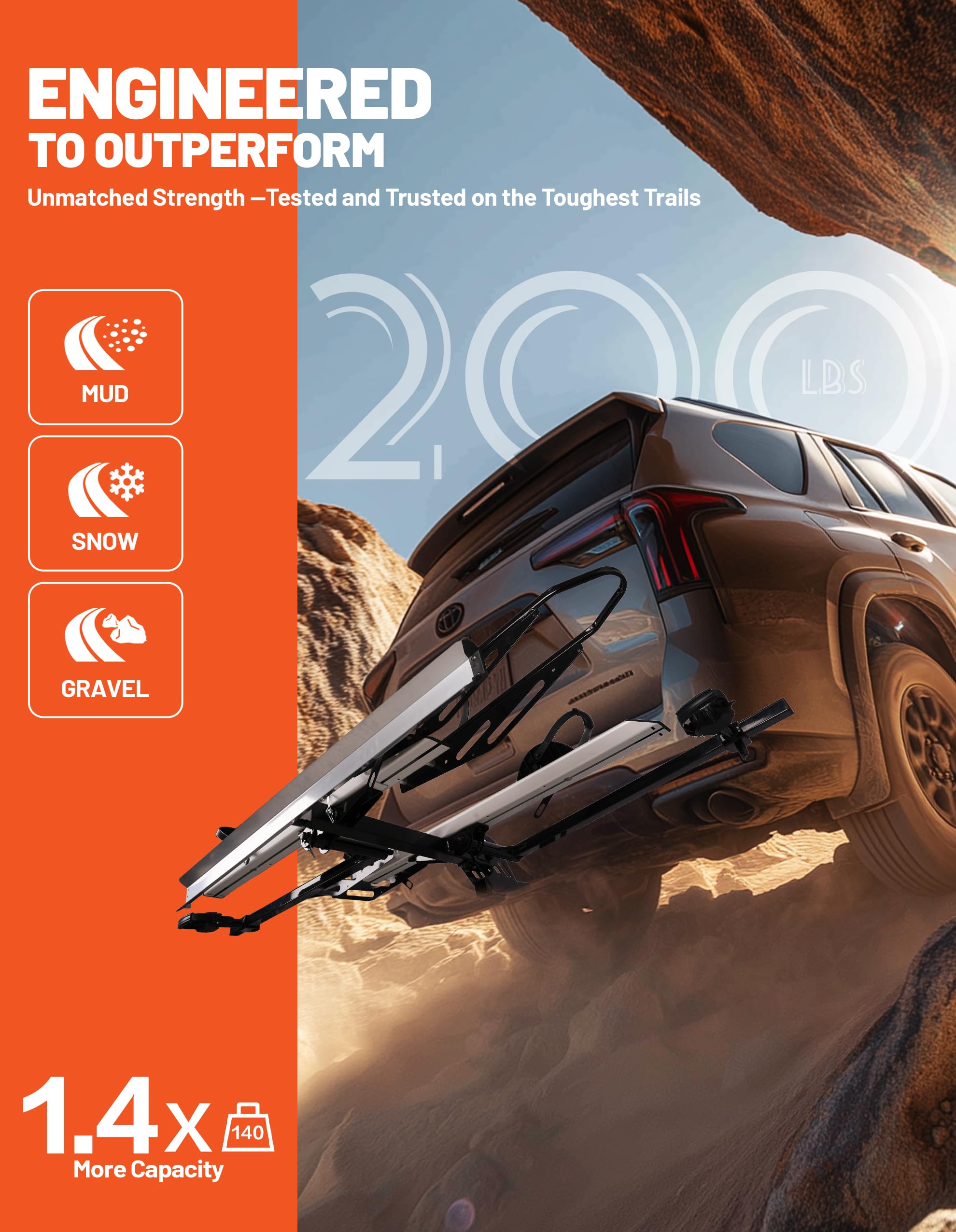 Bike Rack for Car - 2 Hitch Mount Ebike Rack with Ramp, Electric Bicycle Carrier Folding Platform E Bike Racks for Truck SUV RV Trailer, Mountain Bikes fit up to 5" Fat Tire, 200lbs Capacity