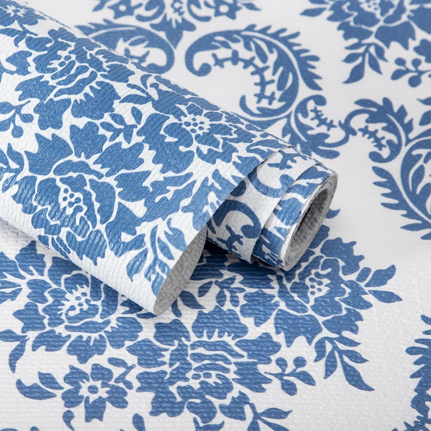 RAY STAR 12" x 10 Ft Shelf Liner for Kitchen Cabinets, Non-Adhesive Cabinet Liner Washable, Drawer Liner for Dresser Non-Slip Bathroom [Blue Damask](5 Rolls)