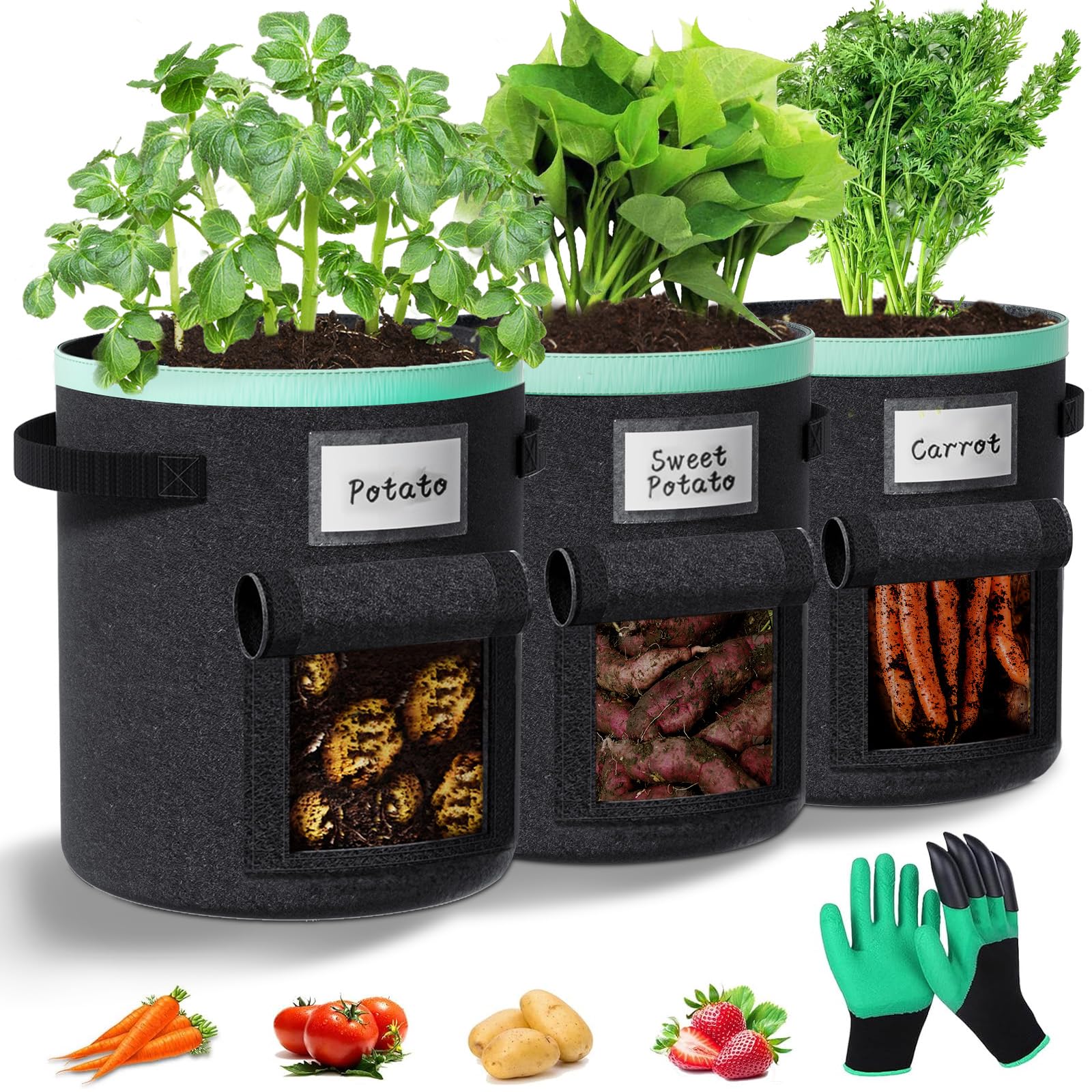 Kartoffel Pflanzsack: Pflanzsäcke mit Griffen und Sichtfenster Kartoffelsack zum Pflanzen für Tomaten und Pflanzen (nero, 13 galloni)